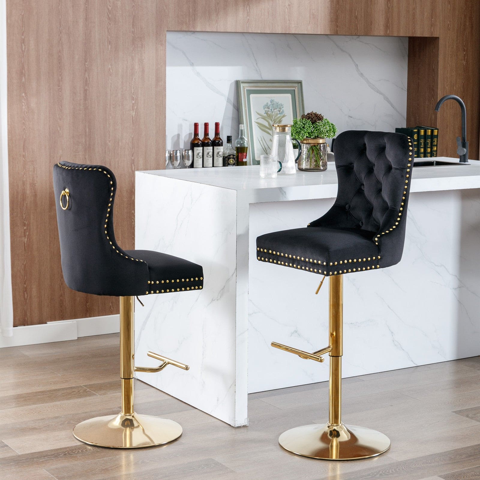 A&A Furniture,Thick Golden Swivel Velvet Barstools Adjusatble Seat Height from 27-35 Inch, Modern Upholstered Bar Stools with Backs Comfortable Tufted for Home Pub and Kitchen Island (Black,Set of 2)