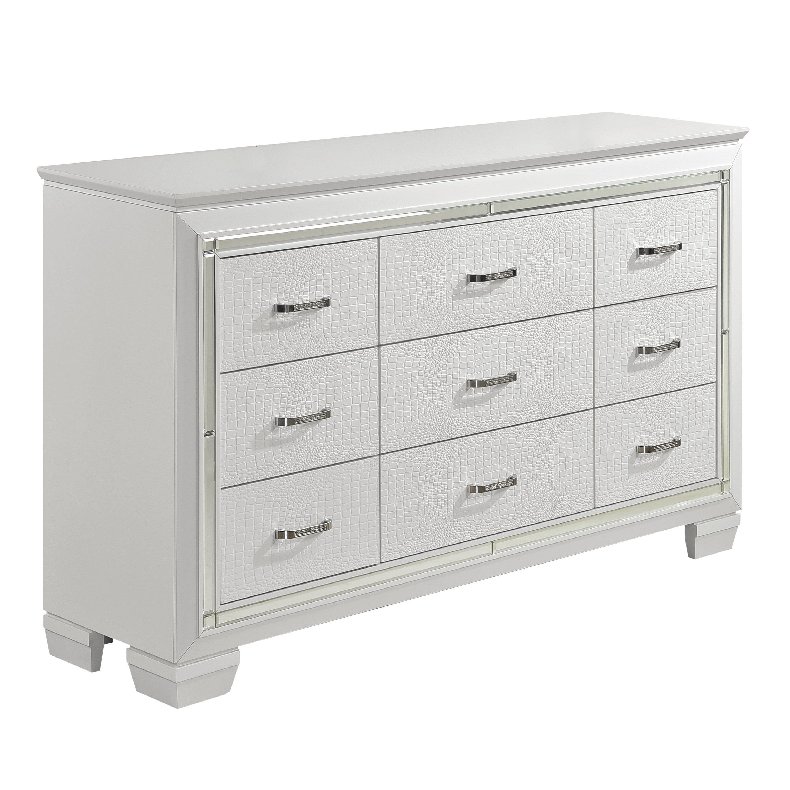 White Finish Dresser Bold Design 9 Drawers Glamorous Faux-Alligator Textured Fronts Wooden Bedroom Furniture