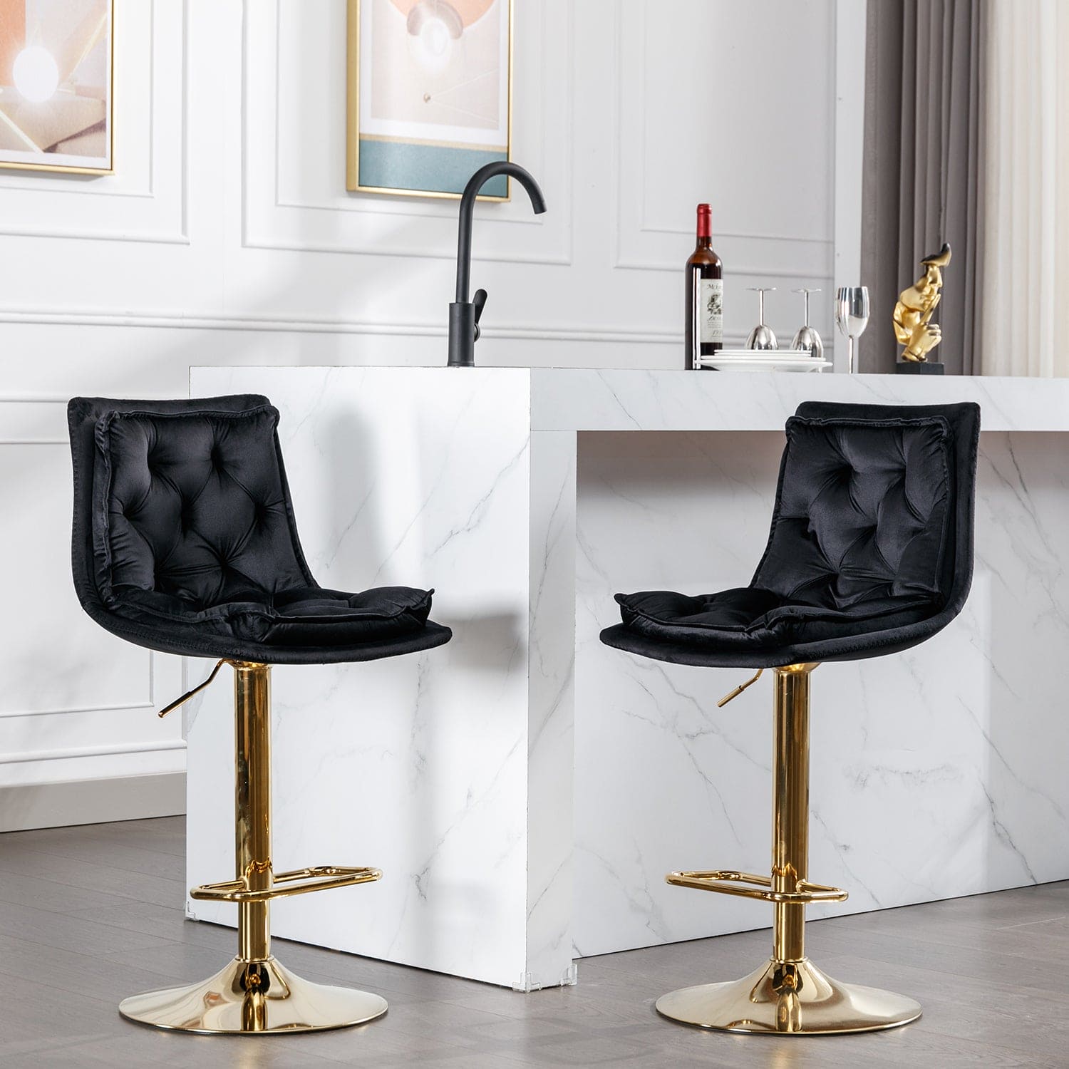 Set of 2 Bar Stools,with Chrome Footrest and Base Swivel Height Adjustable Mechanical Lifting Velvet + Golden Leg Simple Bar Stoo,black