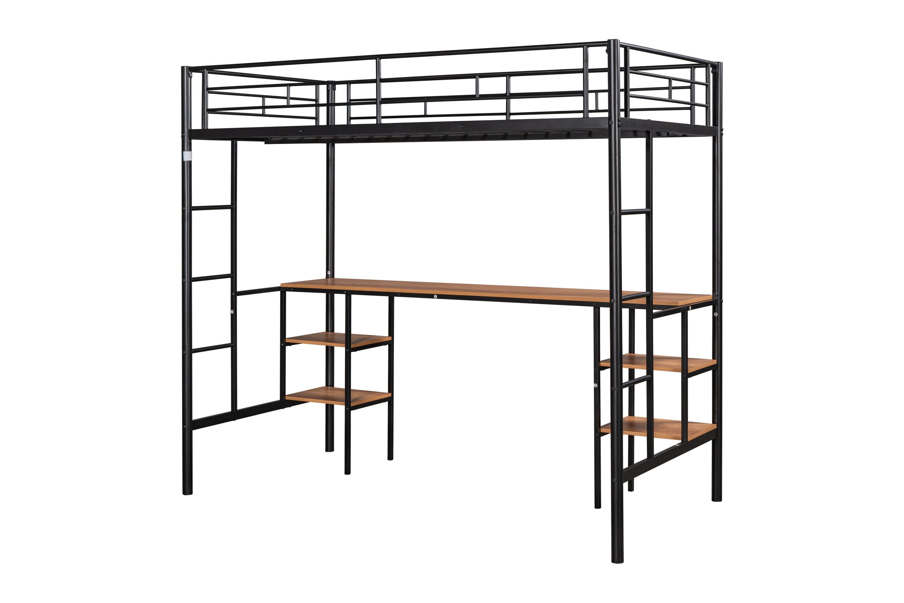 Twin-size Loft Bed with Table & Shelves/ Heavy-duty Sturdy Metal/ Built-in Table & Shelves/ Noise Reduced/ Safety Guardrail/ 2 Side Ladders/ CPC Certified/ No Box Spring Needed