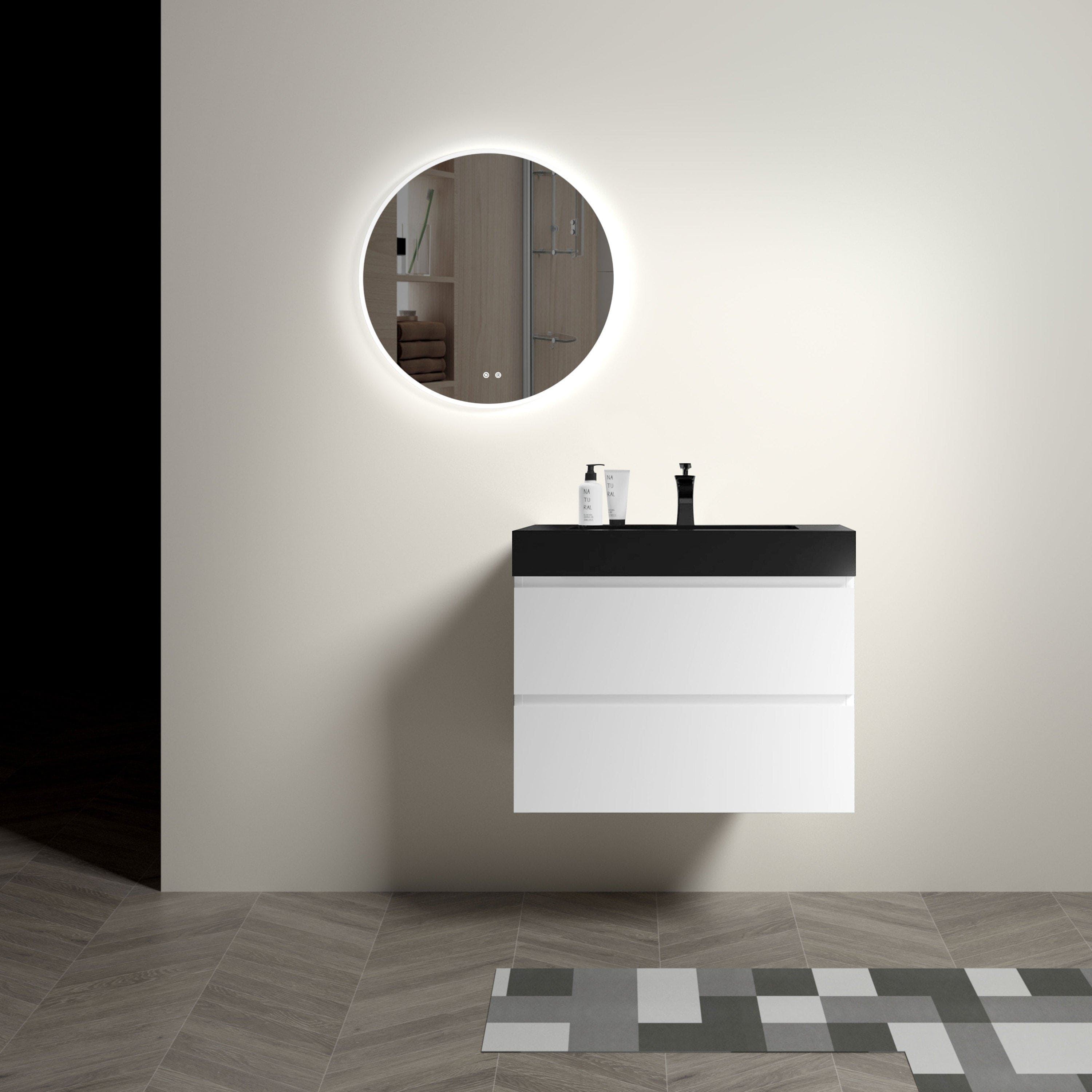 Alice 30" White Bathroom Vanity with Sink, Large Storage Wall Mounted Floating Bathroom Vanity for Modern Bathroom, One-Piece Black Sink Basin without Drain and Faucet