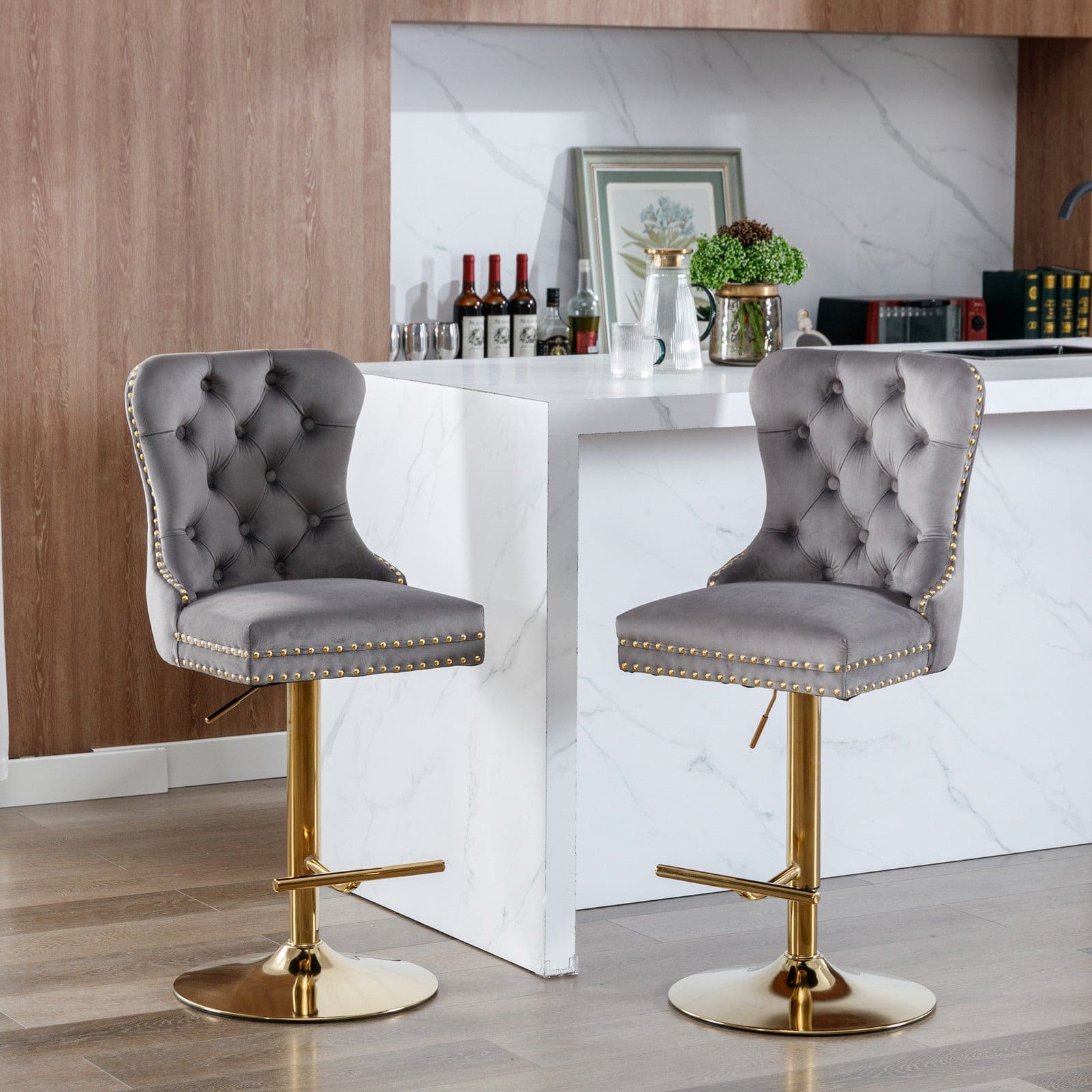 A&A Furniture,Thick Golden Swivel Velvet Barstools Adjusatble Seat Height from 25-33 Inch, Modern Upholstered Bar Stools with Backs Comfortable Tufted for Home Pub and Kitchen Island (Gray,Set of 2)