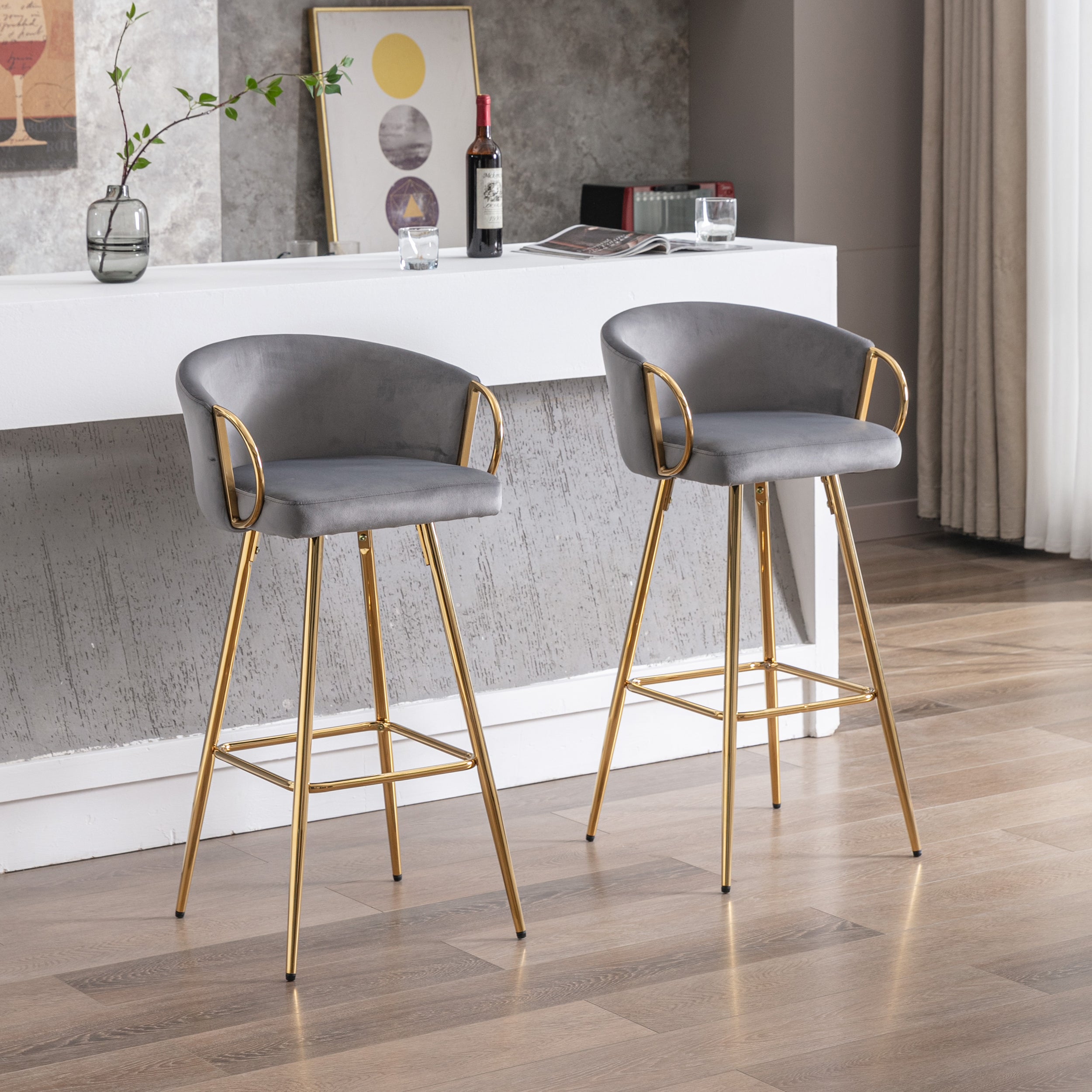 26 Inch Set of 2 Bar Stools,with Chrome Footrest and Base Velvet + Golden Leg Simple Bar Stool,GRAY