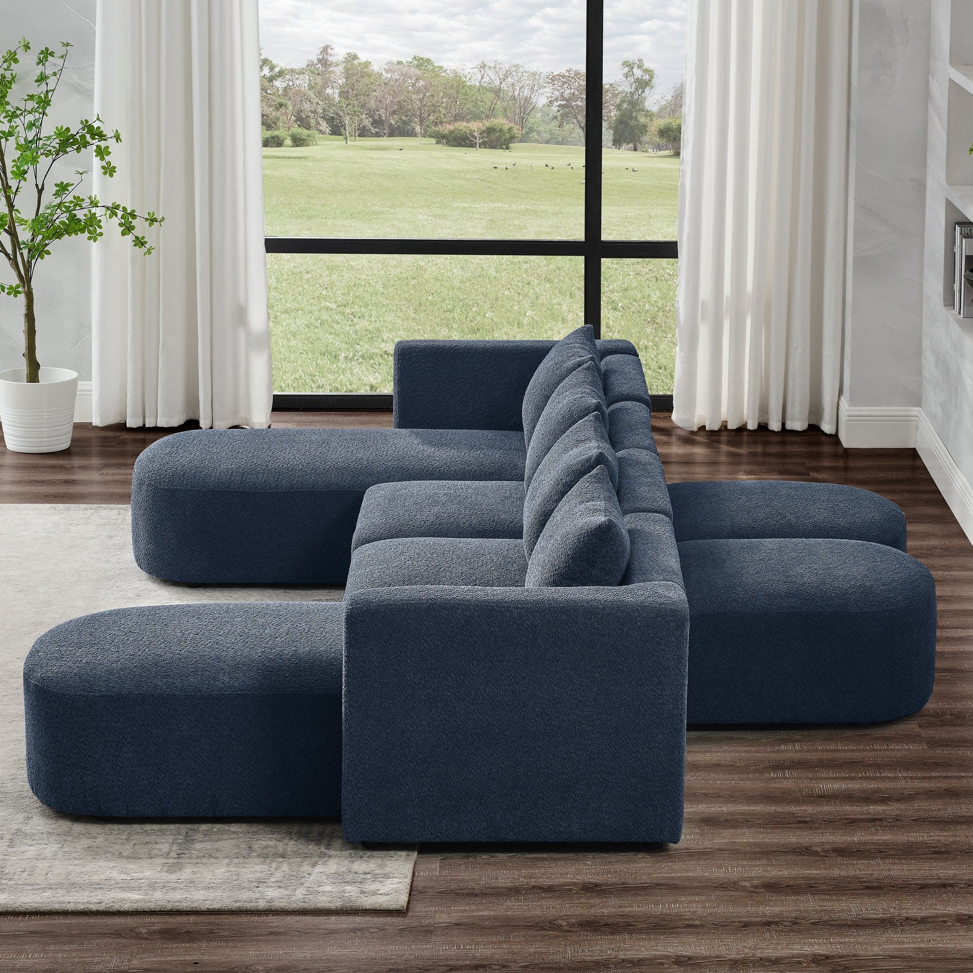 U Shape Sectional Sofa including Two Single Seat, Two Chaises and Two Ottomans, Modular Sofa, DIY Combination, Loop Yarn Fabric, Navy