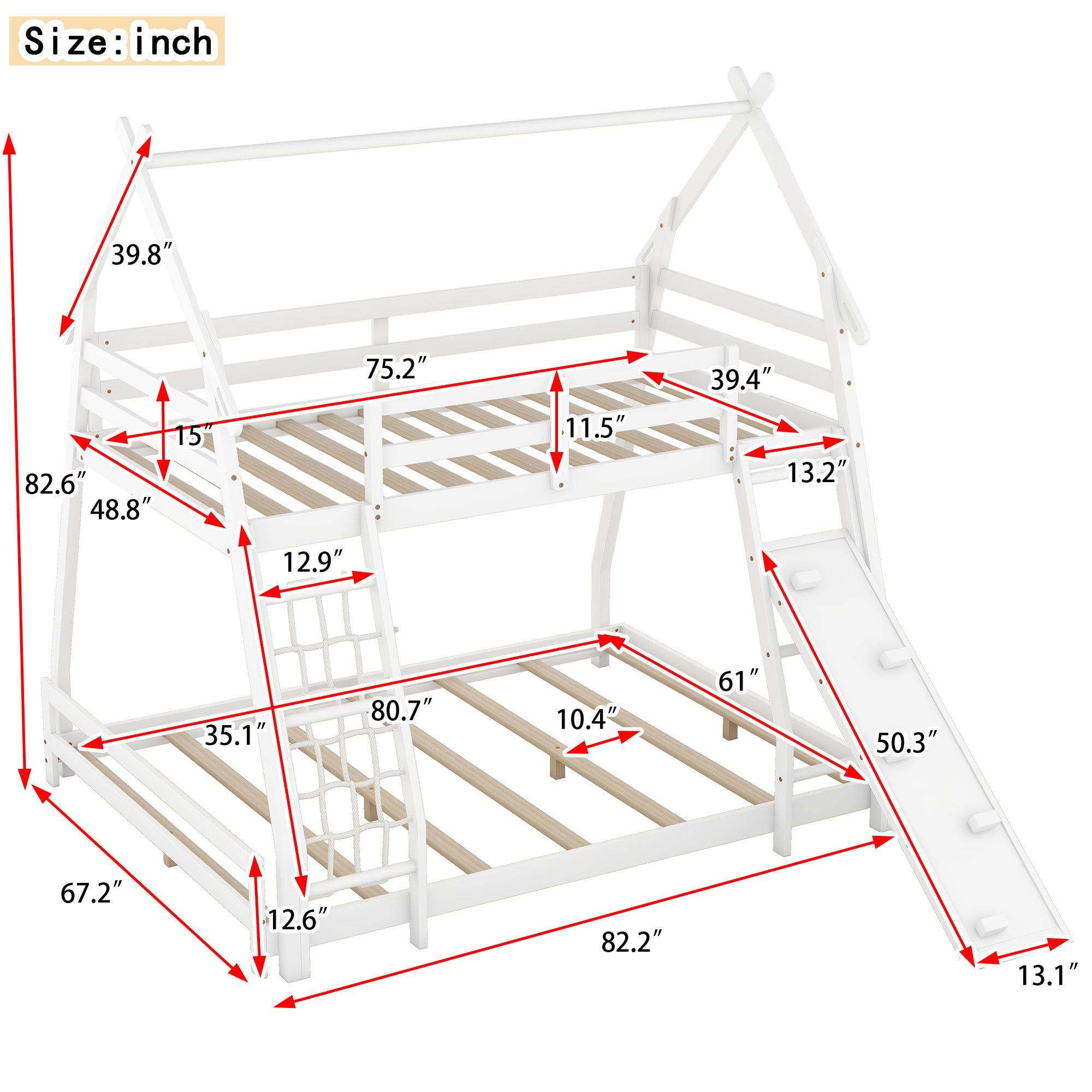 Twin over Queen House Bunk Bed with Climbing Nets and Climbing Ramp, White