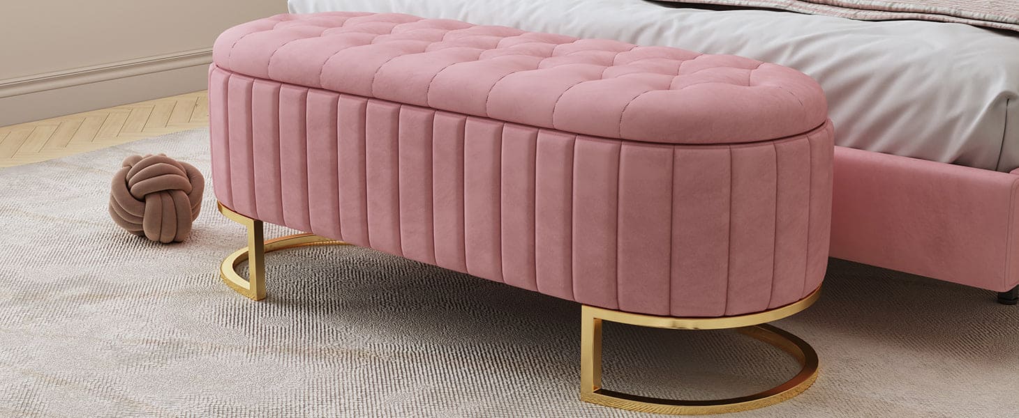 Elegant Upholstered Velvet Storage Ottoman with Button-Tufted,Storage Bench with Metal Legs for Bedroom,Living Room,Fully Assembled Except Legs,Pink