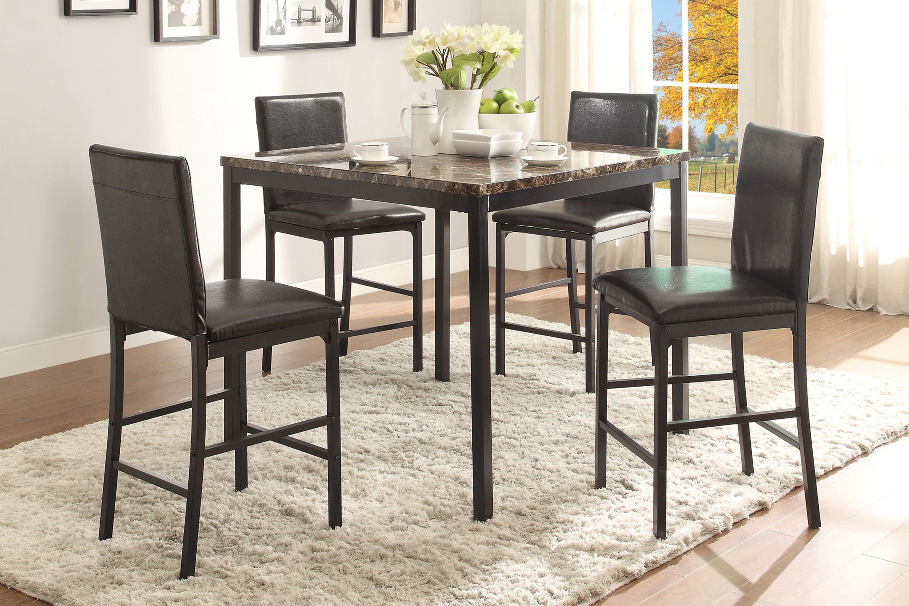 Metal Frame Counter Height Chairs Set of 4 Brown Faux Leather Seat Black Metal Finish Dining Chairs