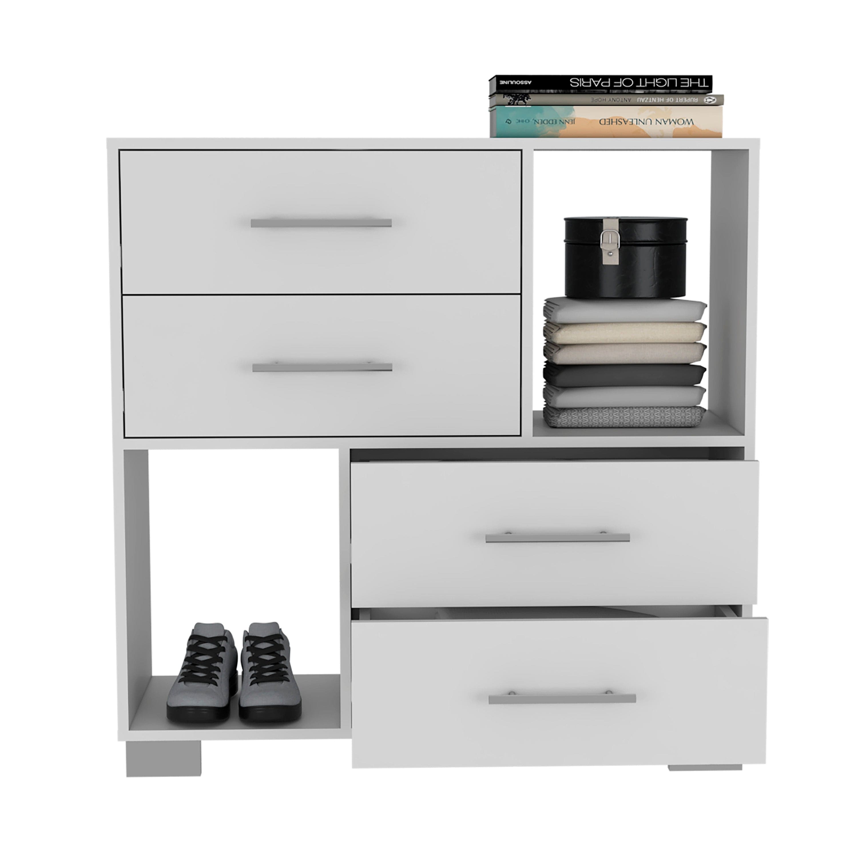 Dresser Hetzs, Four Drawers, Two Open Shelves, White Finish