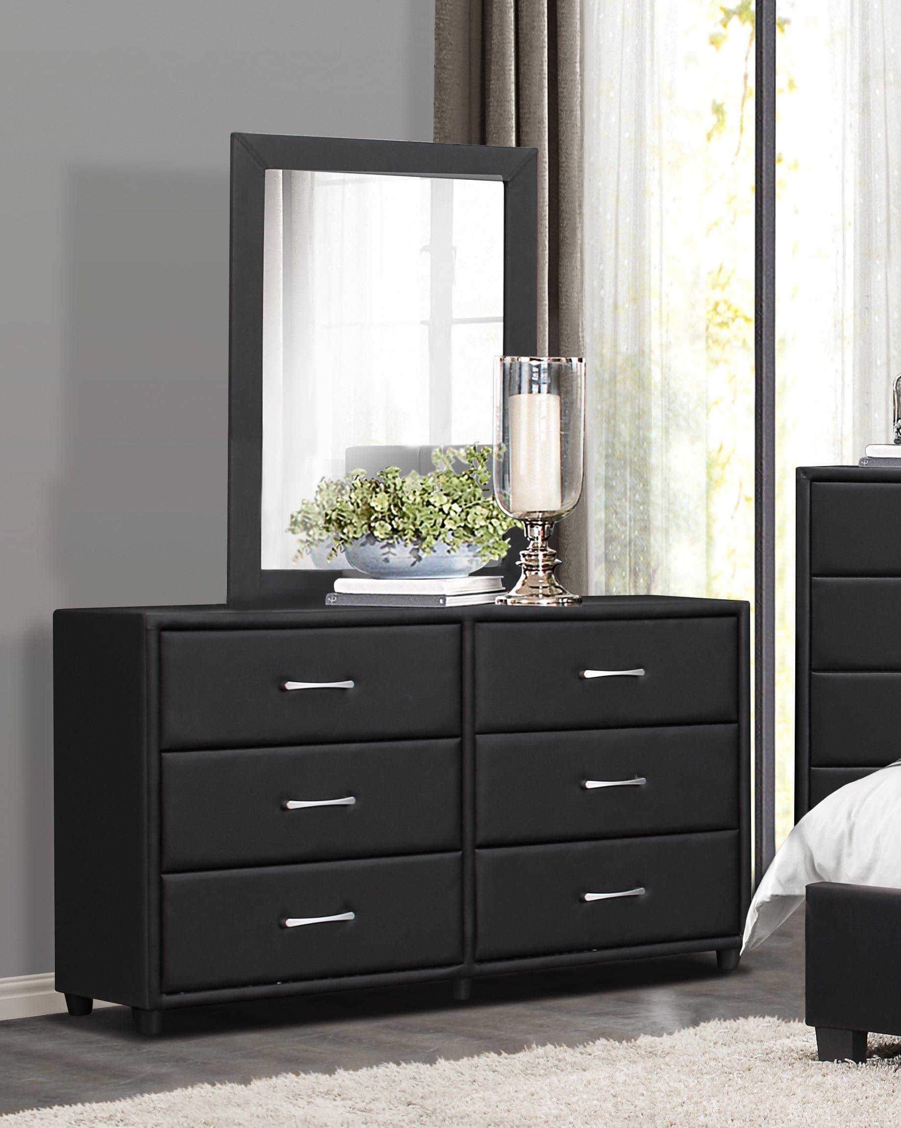 Contemporary Design Black Dresser 1pc 6x Drawers Faux Leather Upholstery Plywood Engineered Wood