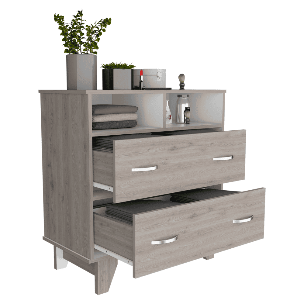 Portanova Two Drawer Dresser, Two Open Shelves, Superior Top,  Four Legs -Light Gray / White