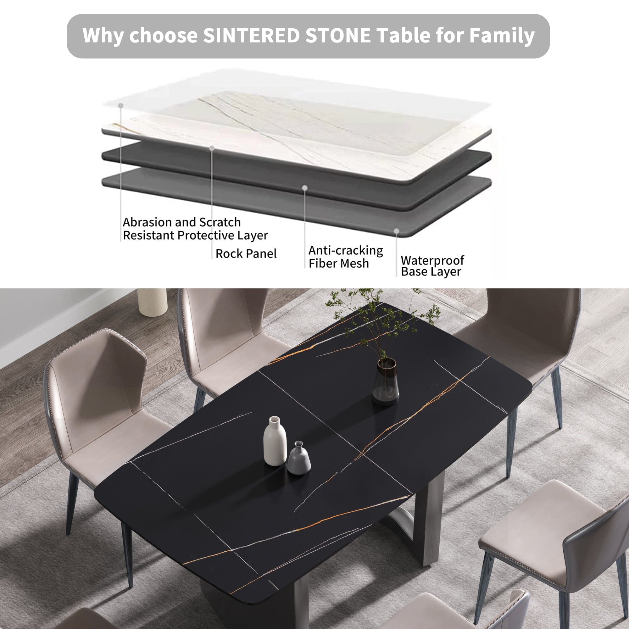 63"Modern artificial stone black curved black metal leg dining table -6 people