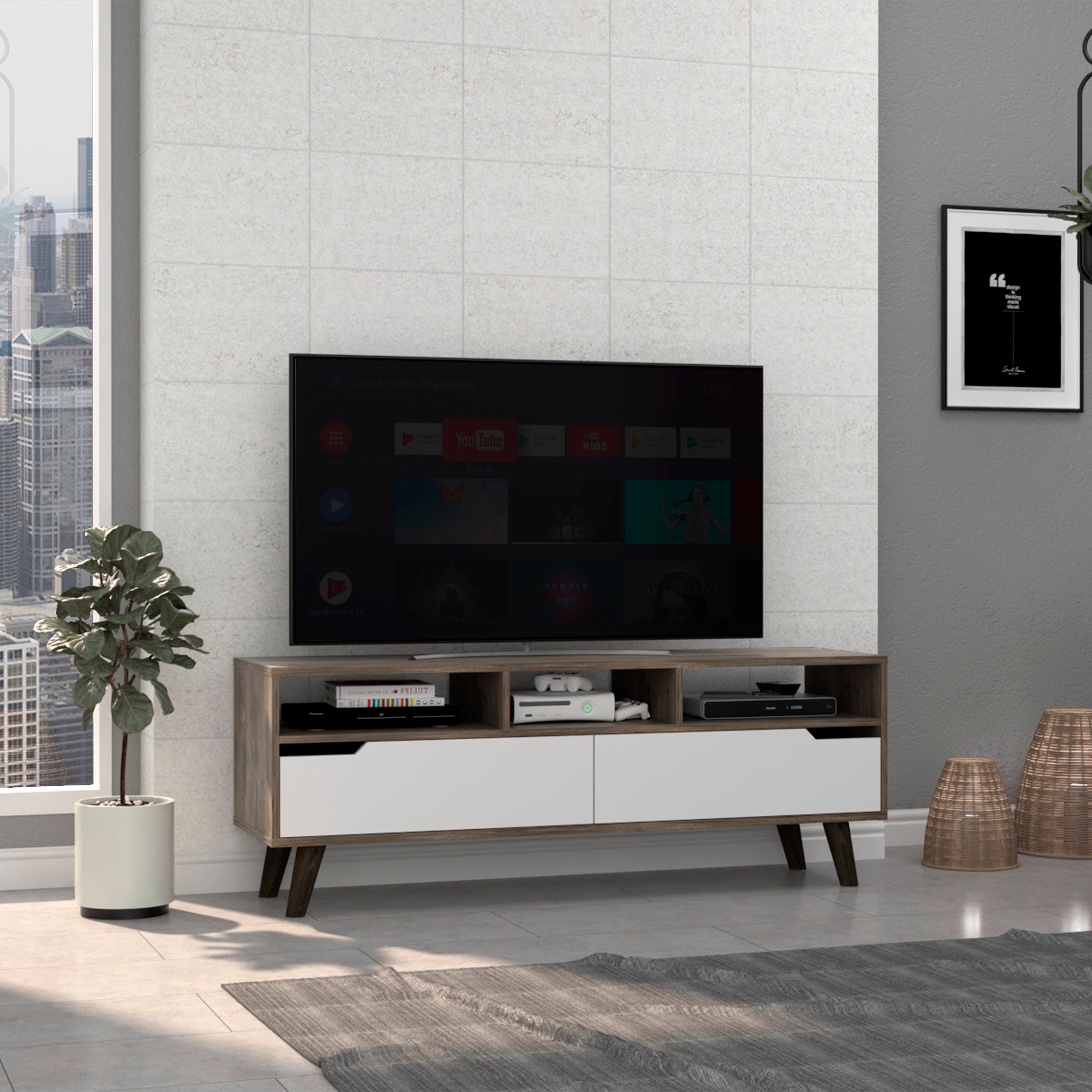 Tv Stand 2.0 For TV´s up 52" Bull, Three Open Shelves,Two Drawers, Dark Brown / White Finish