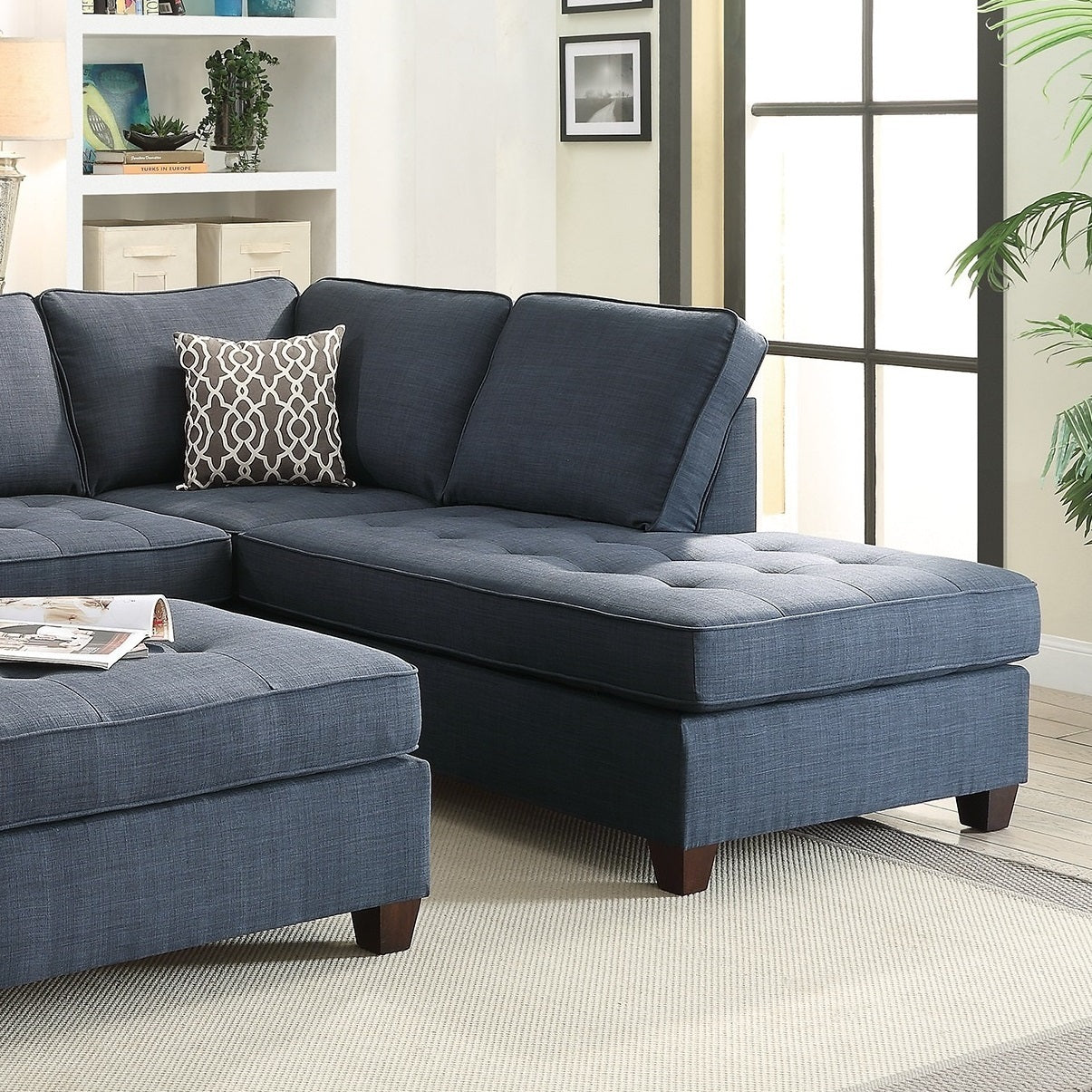 2pc Sectional Sofa Set Reversible Chaise Sofa Dark Blue Dorris Fabric Living Room Furniture Couch