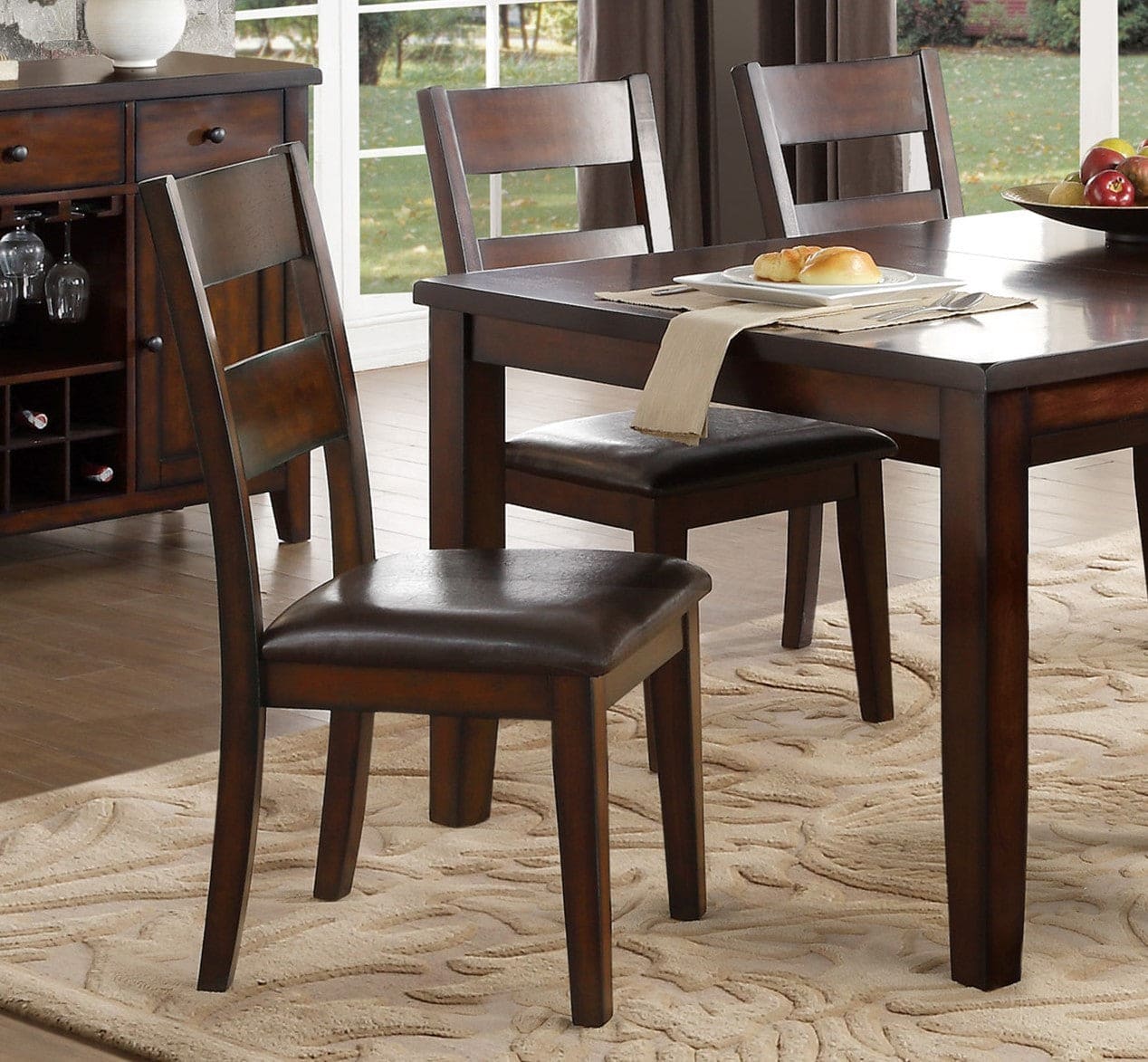 Cherry Finish Classic 5pc Dining Set Wooden Table Draw Leaf and 4 Side Chairs Faux Leather Upholstered Durable Furniture Transitional Style Ladder Back