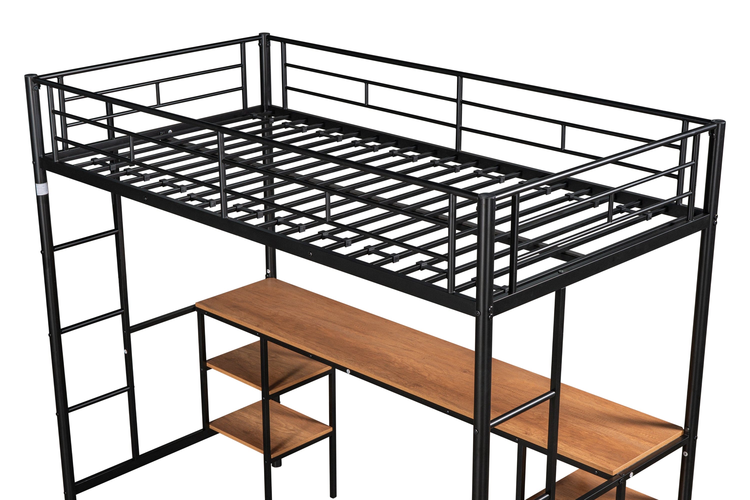 Twin-size Loft Bed with Table & Shelves/ Heavy-duty Sturdy Metal/ Built-in Table & Shelves/ Noise Reduced/ Safety Guardrail/ 2 Side Ladders/ CPC Certified/ No Box Spring Needed