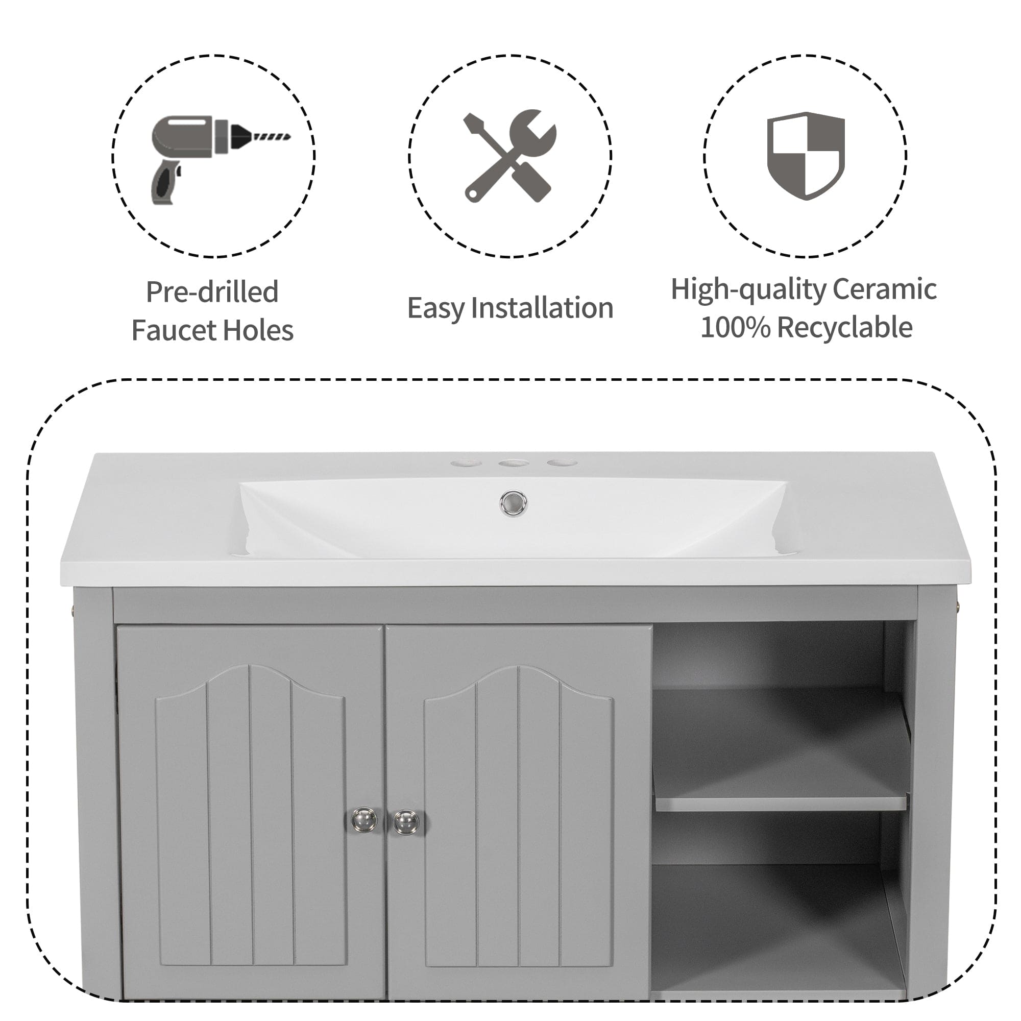 [VIDEO] 36" Bathroom Vanity with Ceramic Basin, Bathroom Storage Cabinet with Two Doors and Drawers, Solid Frame, Metal Handles, Grey (OLD SKU: JL000003AAE)