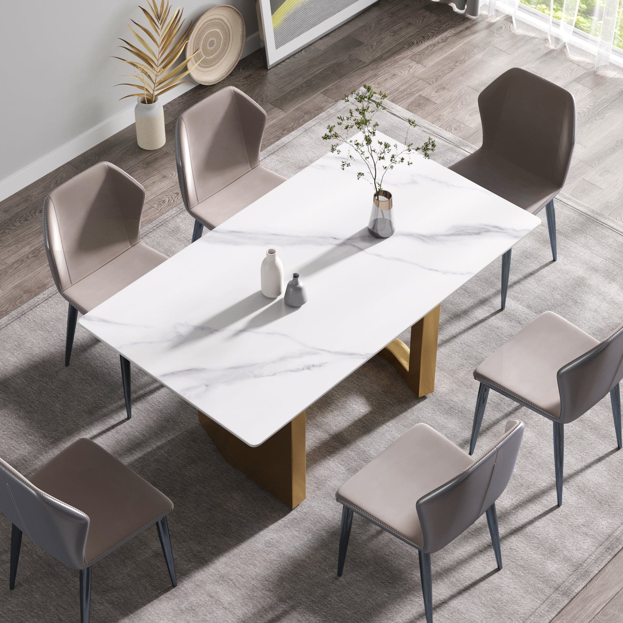 63"Modern artificial stone white straight edge golden metal leg dining table -6 people