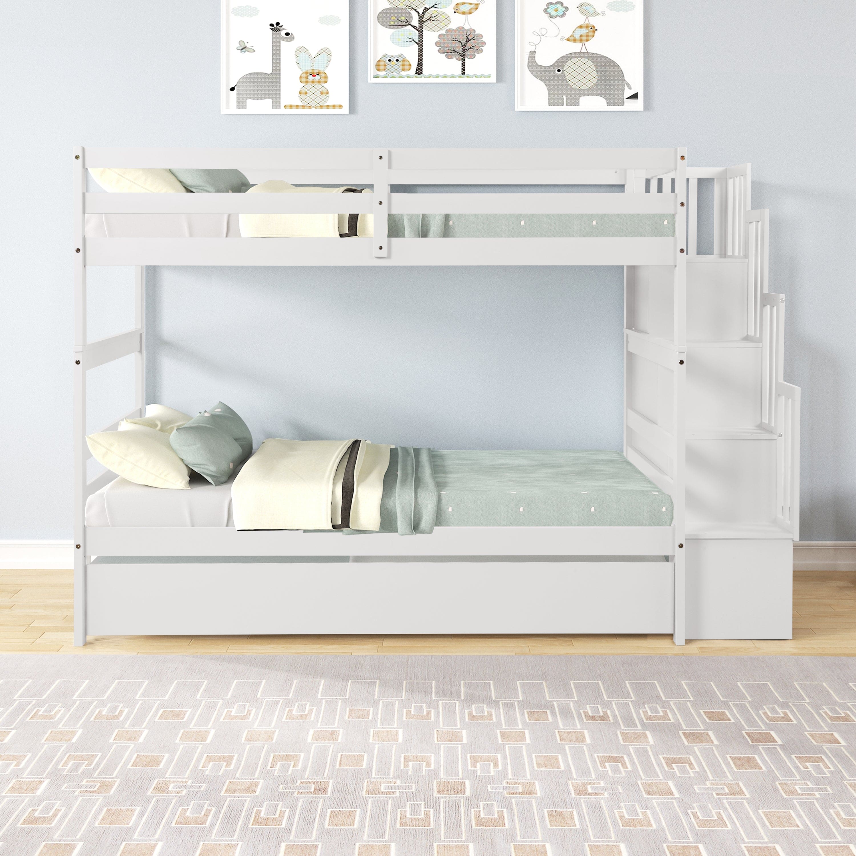 Twin over Twin Bunk Beds With Twin Trundle and Stairway Storage Function in White color