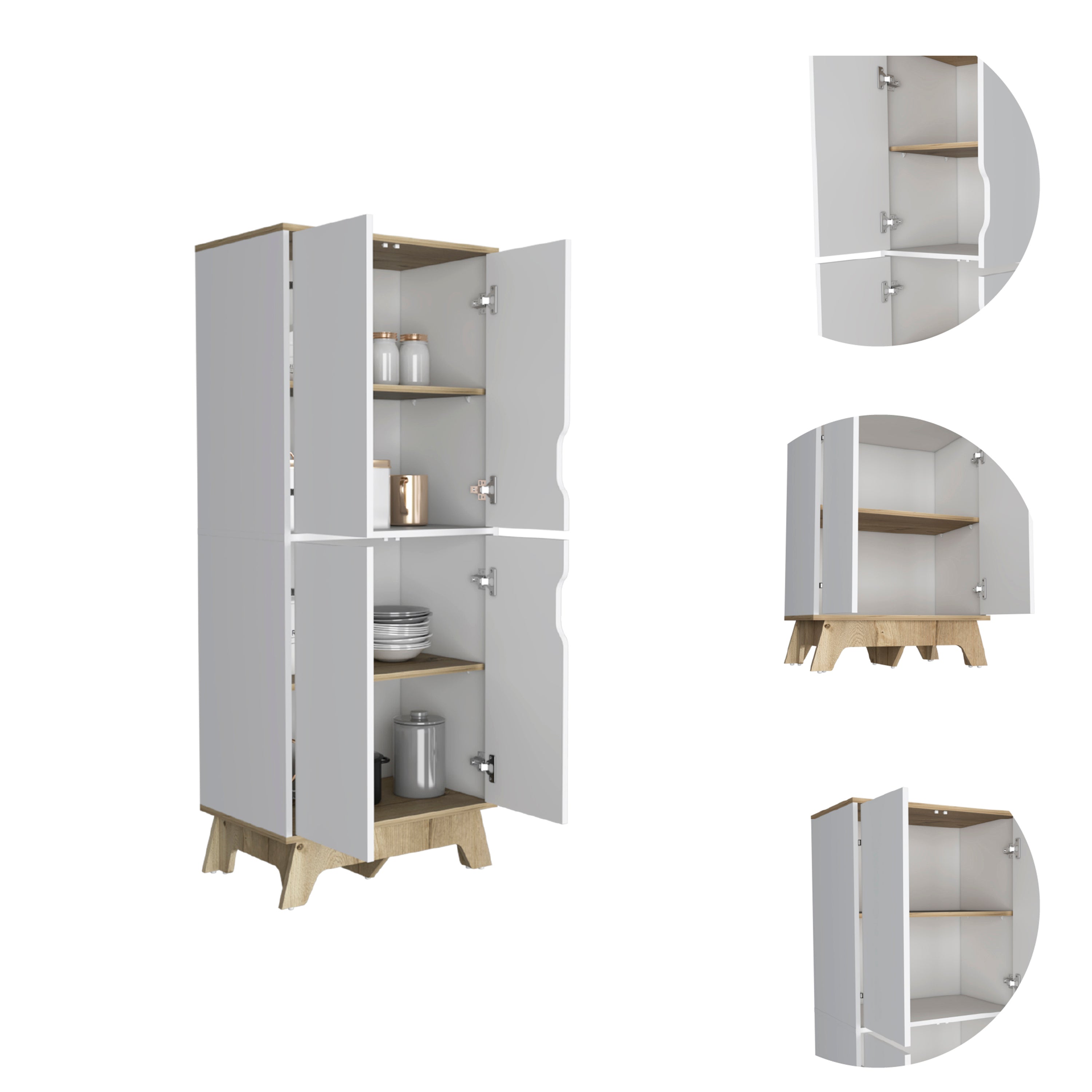 Double Kitchen Pantry Wallas, Double Door, Four Legs, Four Shelves, Light Oak / White Finish