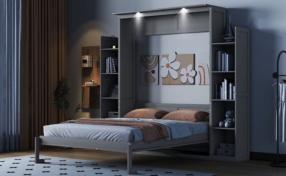 Queen Size Murphy Bed Wall Bed with Shelves and LED Lights,Gray