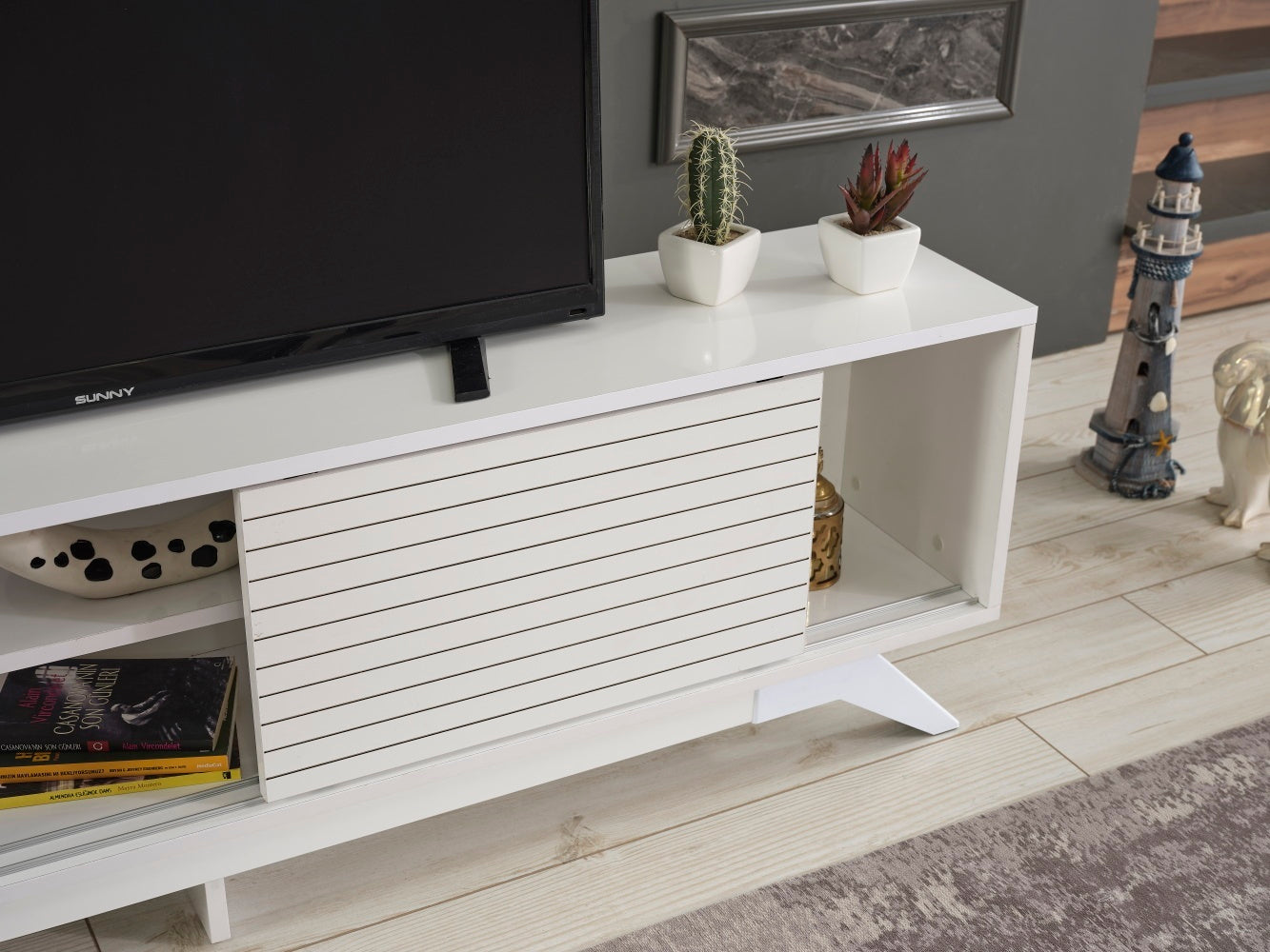 FurnisHome Store Luxia Mid Century Modern Tv Stand 2 Sliding Door Cabinet 2 Shelves 67 inch Tv Uni, White