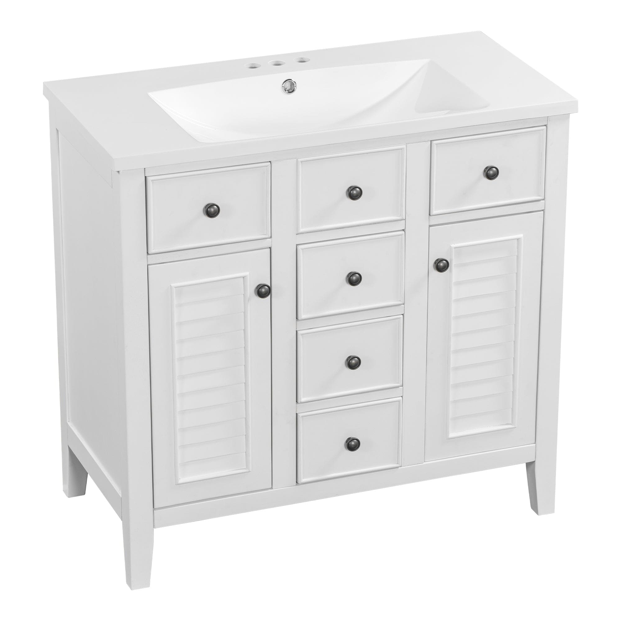 36" Bathroom Vanity with Ceramic Basin, Two Cabinets and Five Drawers, Solid Wood Frame, White (OLD SKU: SY999202AAK)