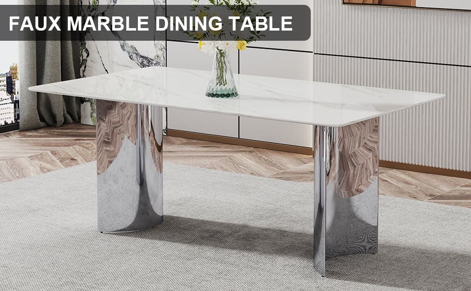 Modern minimalist dining table. The white imitation marble glass desktop is equipped with silver metal legs. Suitable for restaurants and living rooms  71" *39.3" *29.5"  DT-69