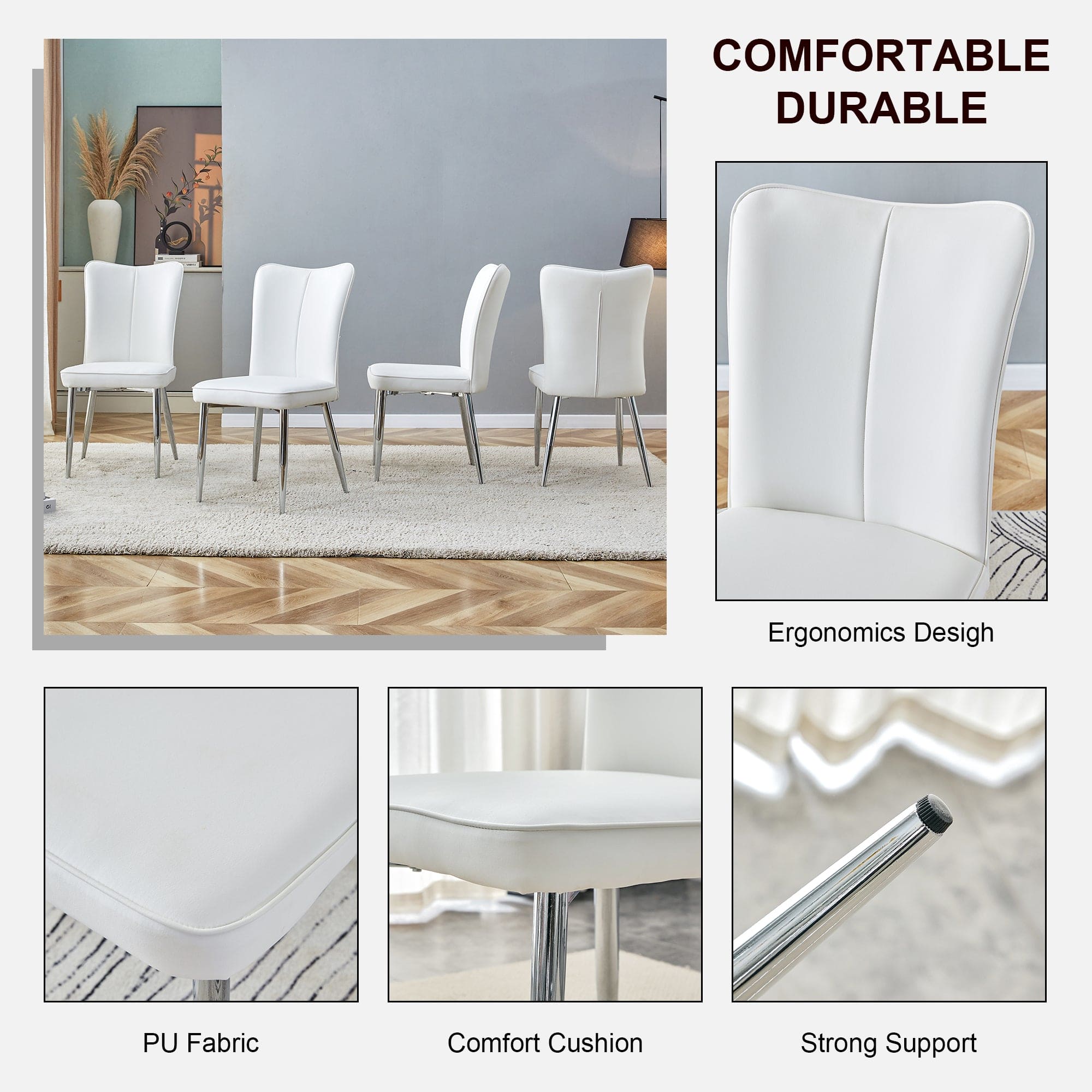 Modern minimalist dining chairs, office chairs. 2-piece set of white PU seats with silver metal legs. Suitable for restaurants, living rooms, and offices. C-008