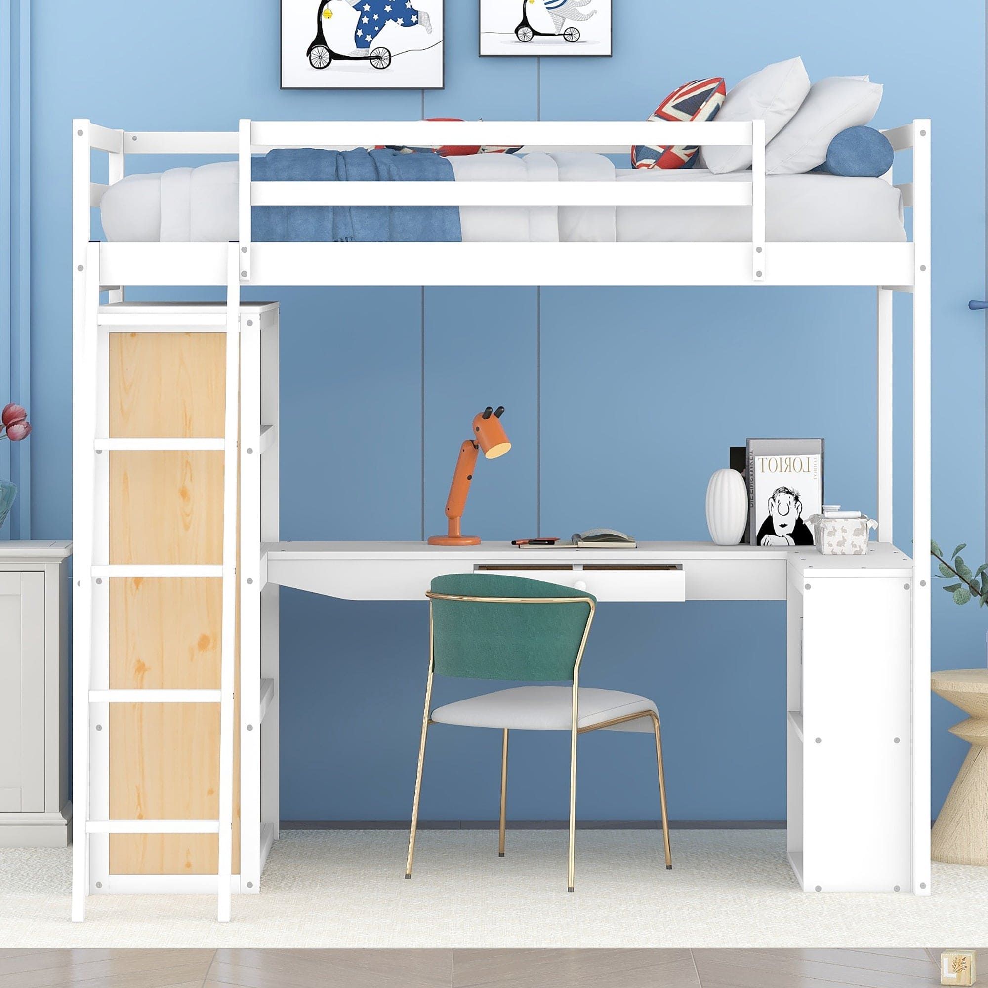 Twin Size Loft Bed with Ladder, Shelves, and Desk, White(OLD SKU:LT100225AAK)