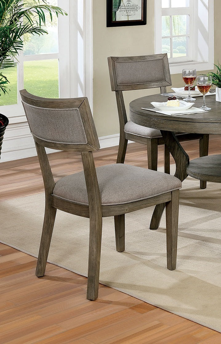 Rustic Grey Solid wood 5pc Dining Set Round Dining Table w Shelf And 4sx Side Chairs Dining Room Furniture Fabric Upholstered Seat