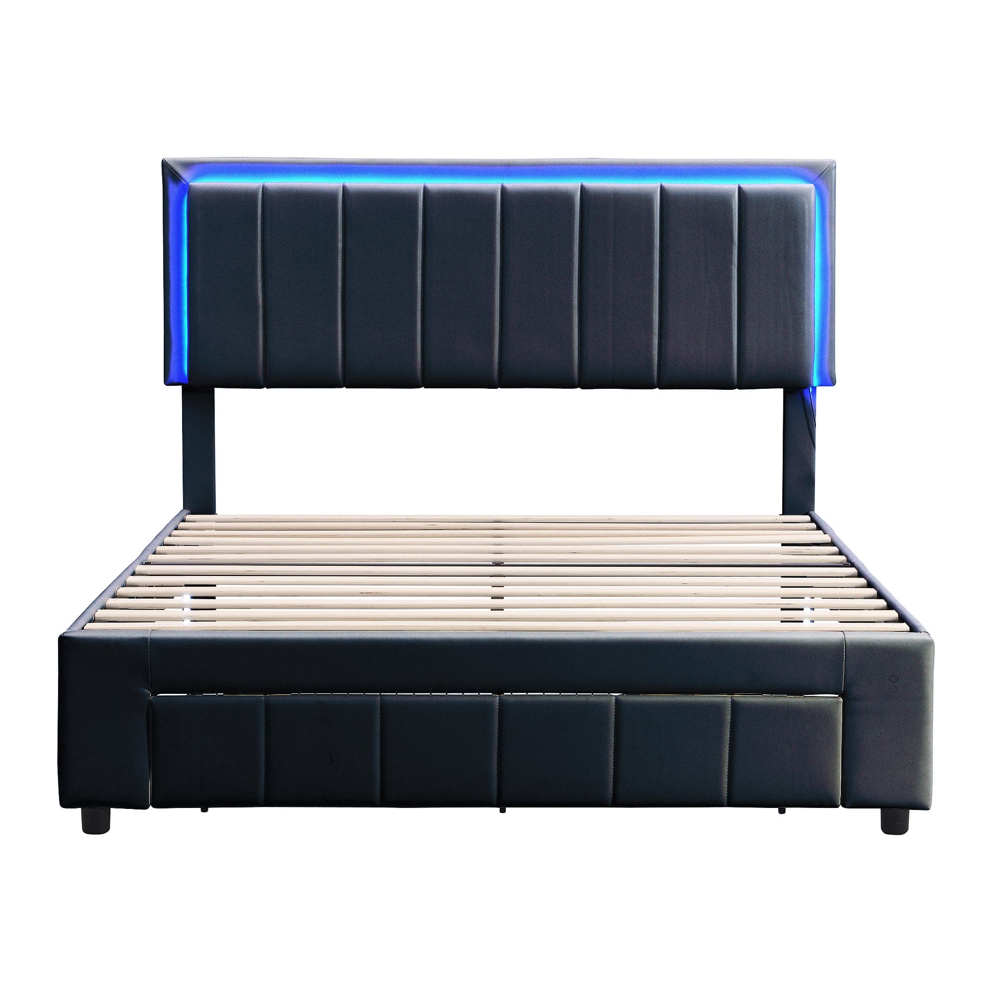 Upholstered Platform Bed with LED Lights and Two Motion Activated Night Lights,Queen Size Storage Bed with Drawer, Black