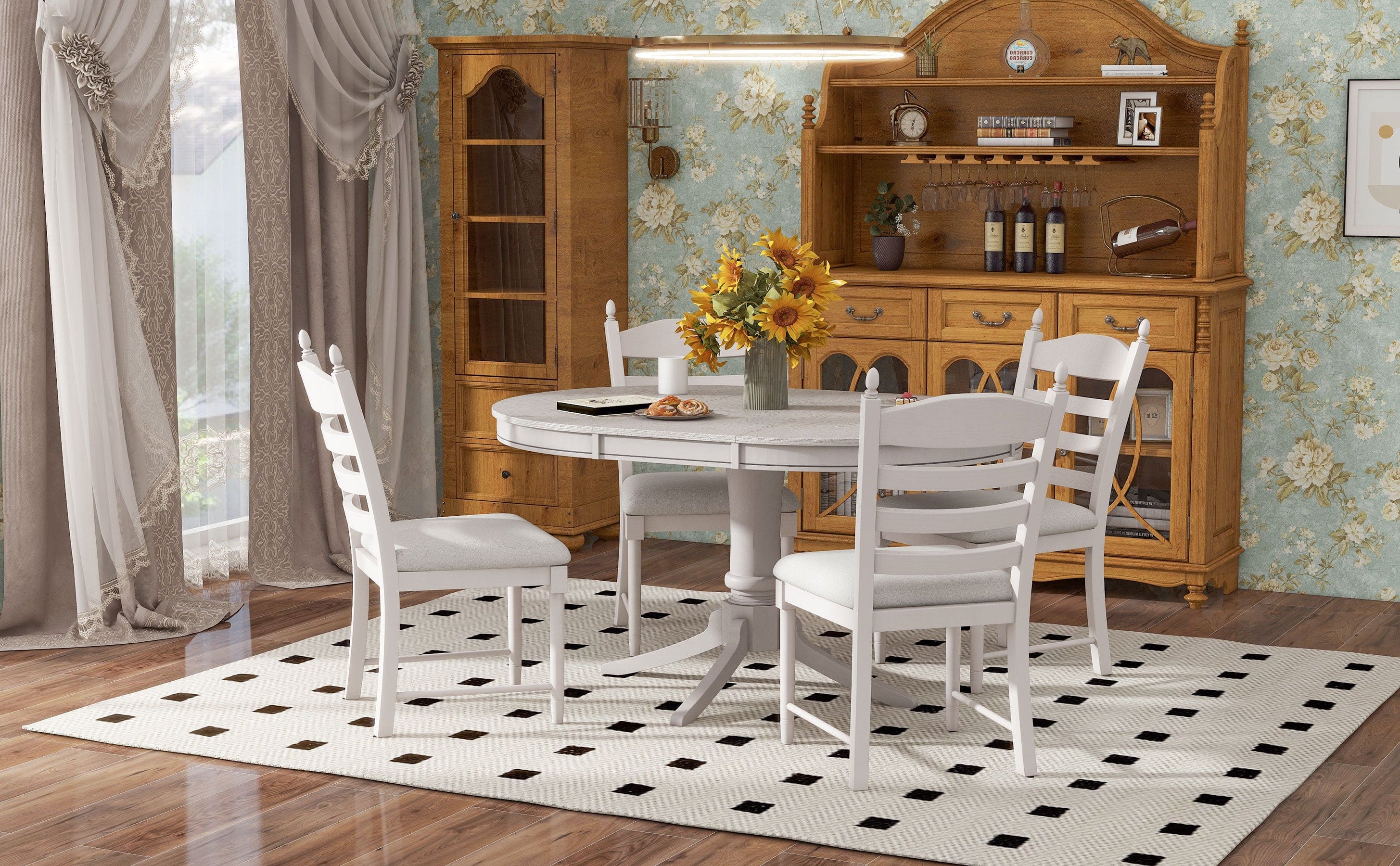 TREXM 5-Piece Retro Functional Dining Table Set Wood Round Extendable Dining Table and 4 Upholstered Dining Chairs (Antique White)