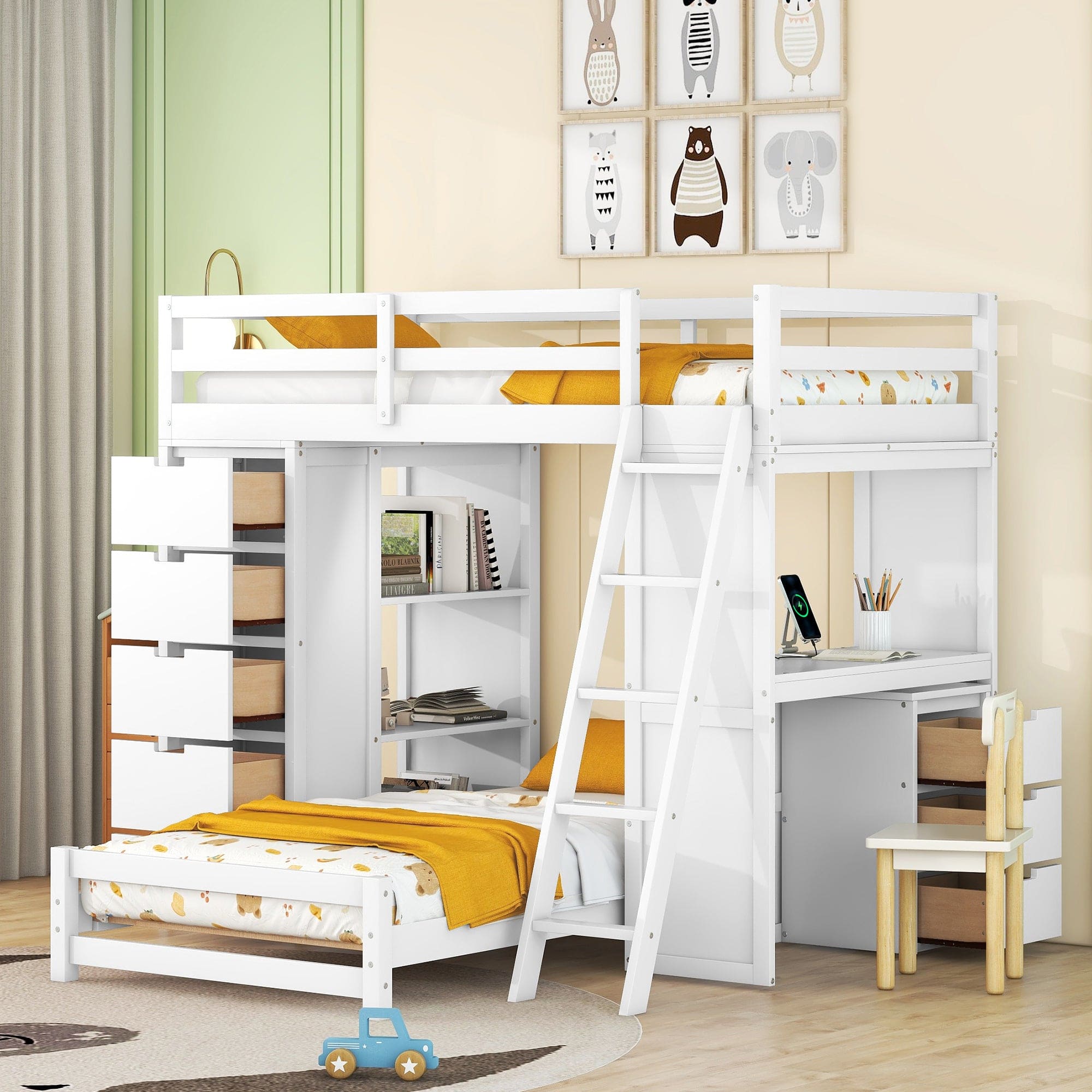 Twin over Twin Bunk Bed with LED Light and USB Ports, White