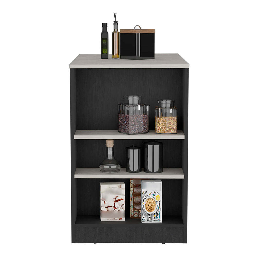 DEPOT E-SHOP Lacour Kitchen Island, Kitchen Bar Table with 3-Side Shelves, Black / Ibiza Marble