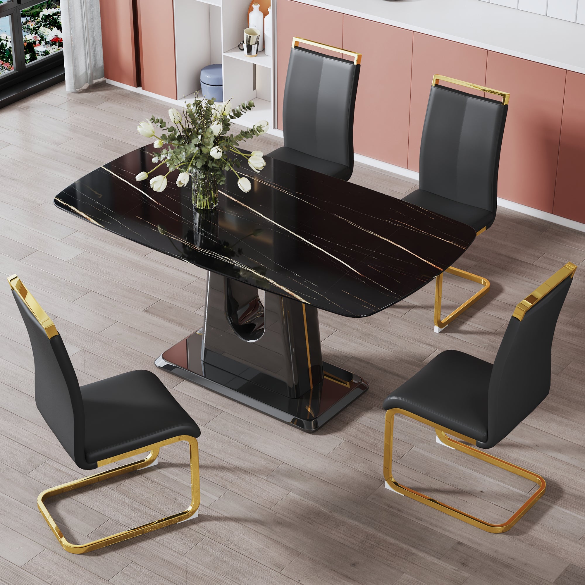 1 table and 4 chairs. Modern, simple and luxurious black imitation marble rectangular dining table and desk with 4 black PU gold plated leg chairs 63'' x 35.4'' X 30''