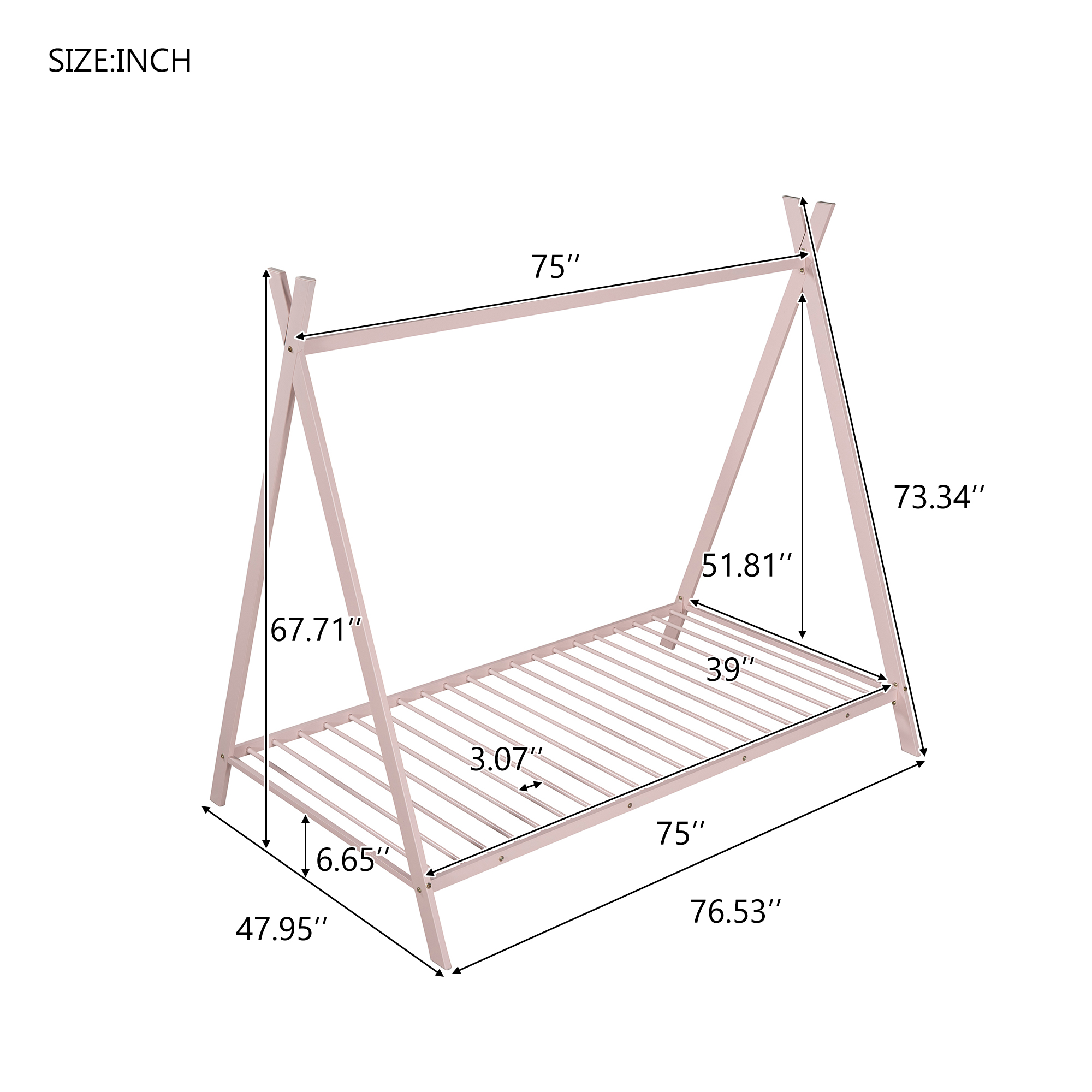 House Bed Tent Bed Frame Twin Size Metal Floor Play House Bed with Slat for Kids Girls Boys , No Box Spring Needed Pink