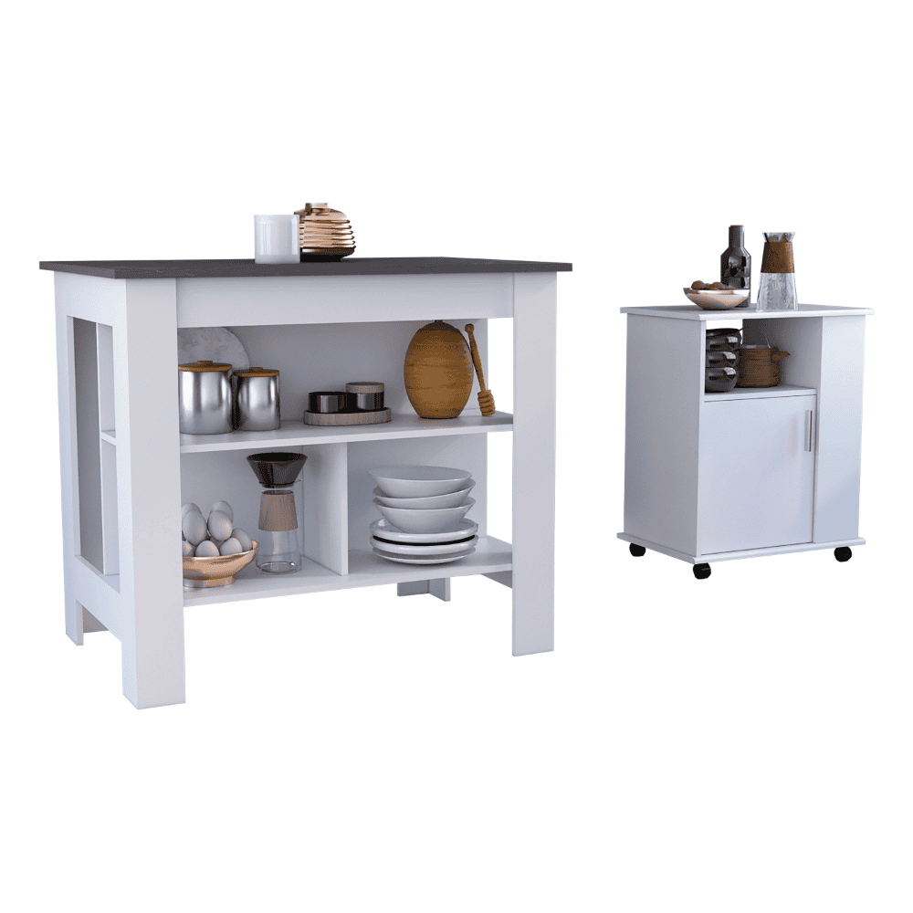 Stamford 2 Piece Kitchen Set, Delos Kitchen Island + Munich Lower Microwave Pantry Cabinet , White /Onyx