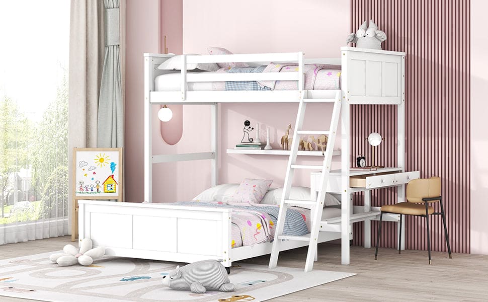 Twin Over Full Bunk Bed with Desk, White