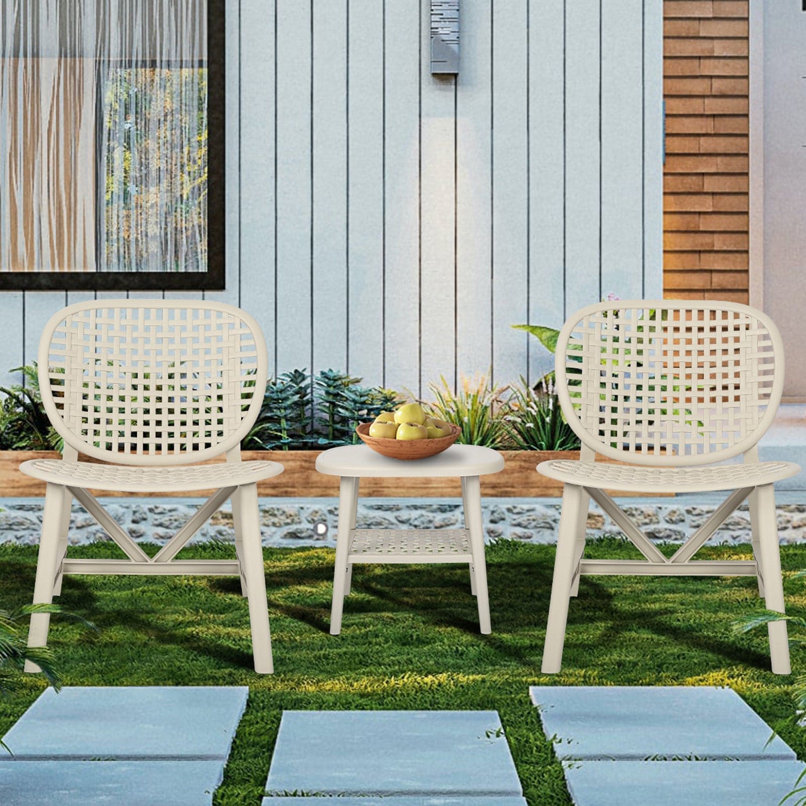 3 Pieces Hollow Design Retro Patio Table Chair Set White