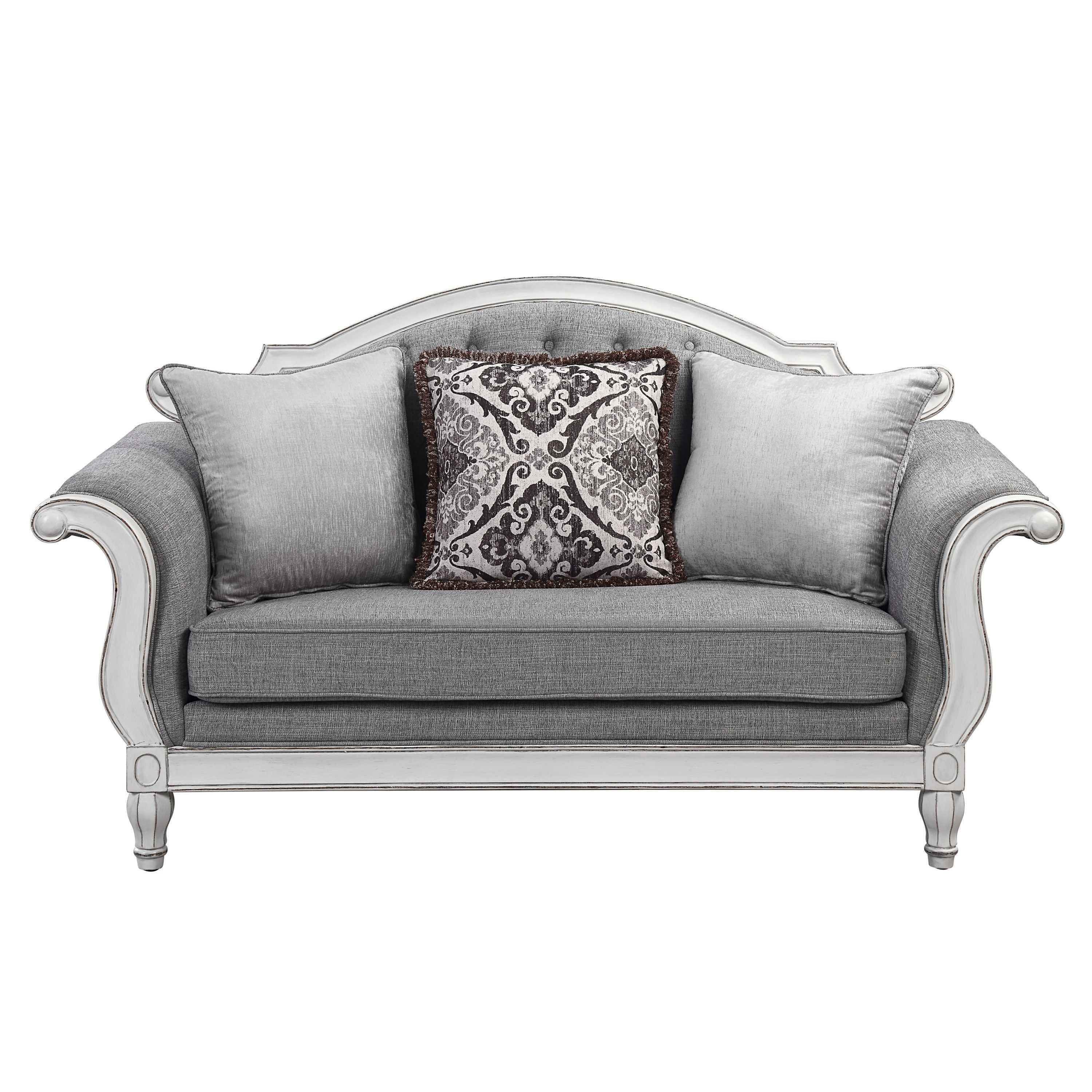 ACME Florian Loveseat w/3 Pillows, Gray Fabric & Antique White Finish LV02120