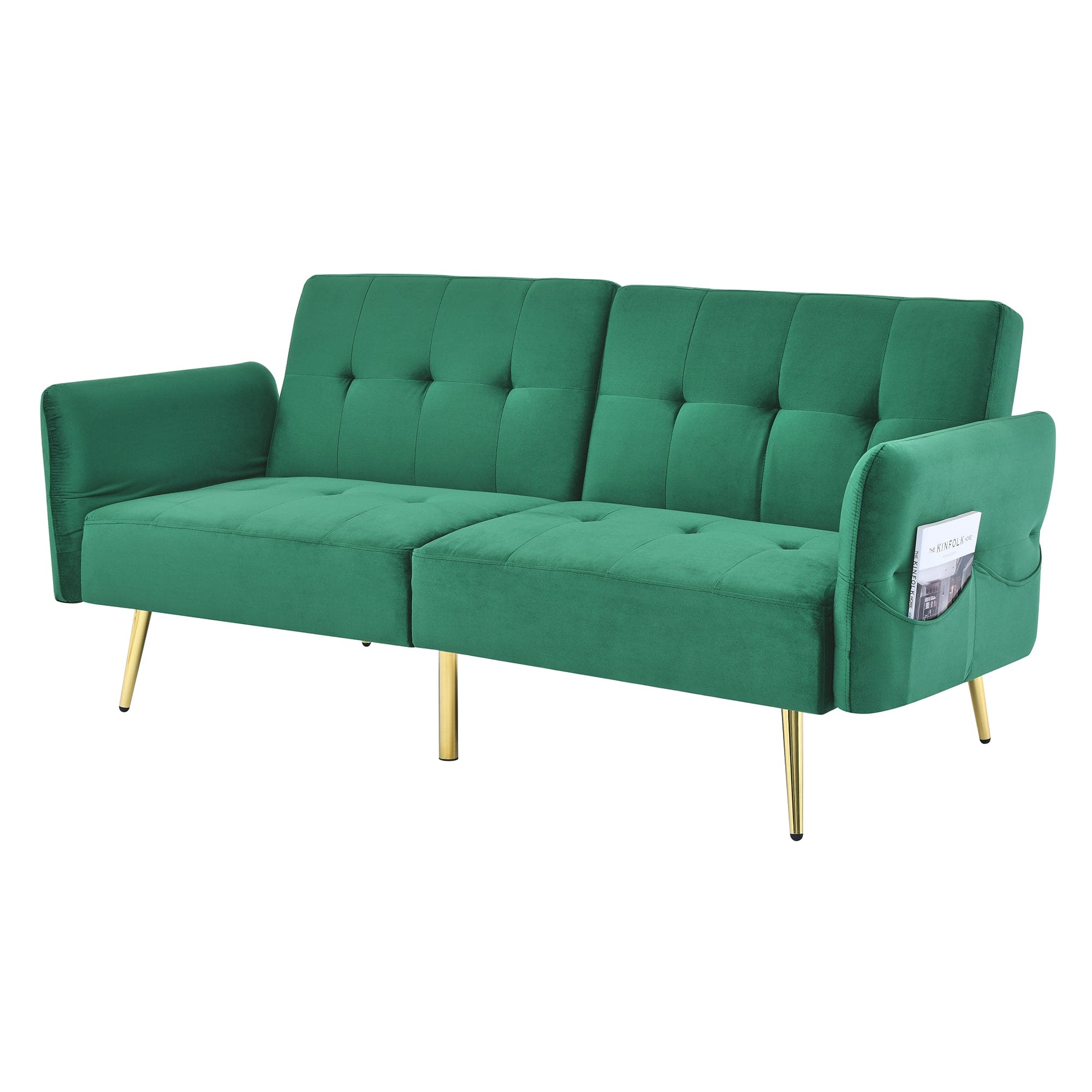 78" Italian Velvet Futon Sofa Bed, Convertible Sleeper Loveseat Couch with Folded Armrests and Storage Bags for Living Room and Small Space, Green 280g velvet