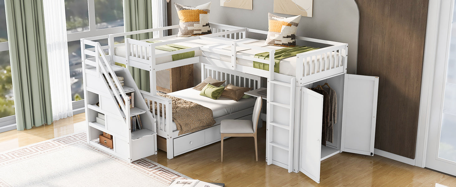 Twin-Twin over Full L-Shaped Bunk Bed With 3 Drawers, Portable Desk and Wardrobe, White