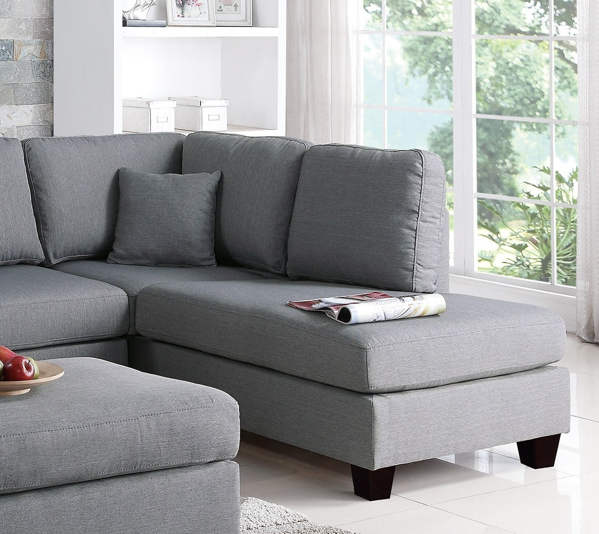 Grey Color 3pcs Sectional Living Room Furniture Reversible Chaise Sofa And Ottoman Polyfiber Linen Like Fabric Cushion Couch