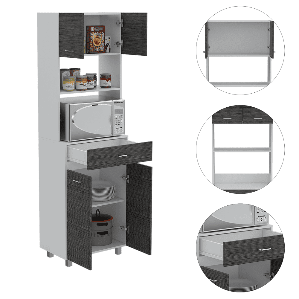 Caribe Microwave Cabinet, Four Legs, One Drawer, Double Door, One Shelf  -White / Smokey Oak