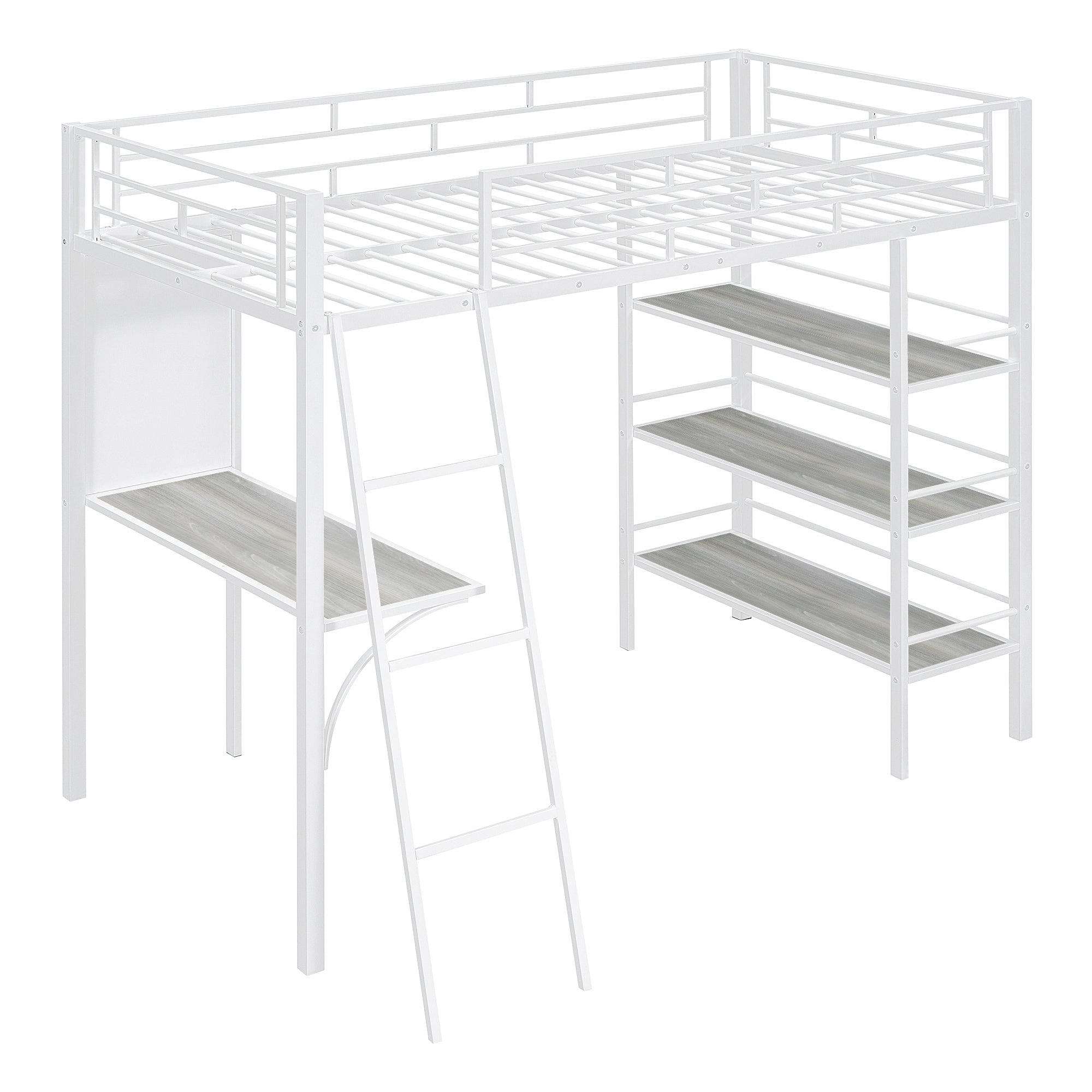 Twin Size Loft Metal Bed with 3 Layers of Shelves and Desk, Stylish Metal Frame Bed with Whiteboard, White