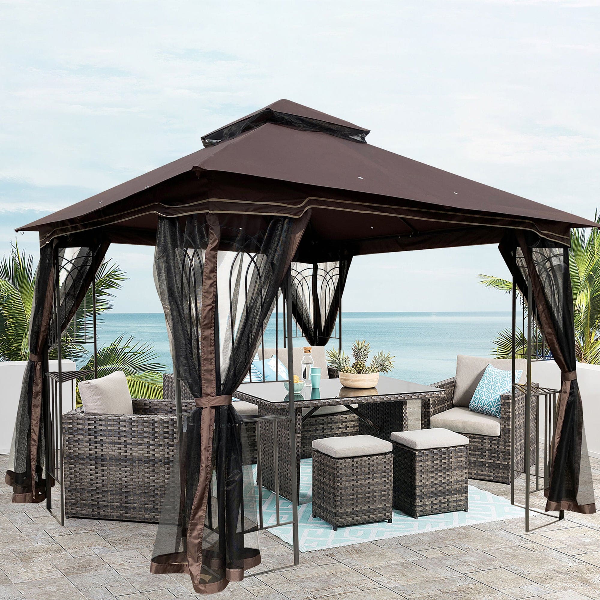 10x10 Outdoor Patio Gazebo Canopy Tent With Ventilated Double Roof And Mosquito net(Detachable Mesh Screen On All Sides),Suitable for Lawn, Garden, Backyard and Deck,Brown Top