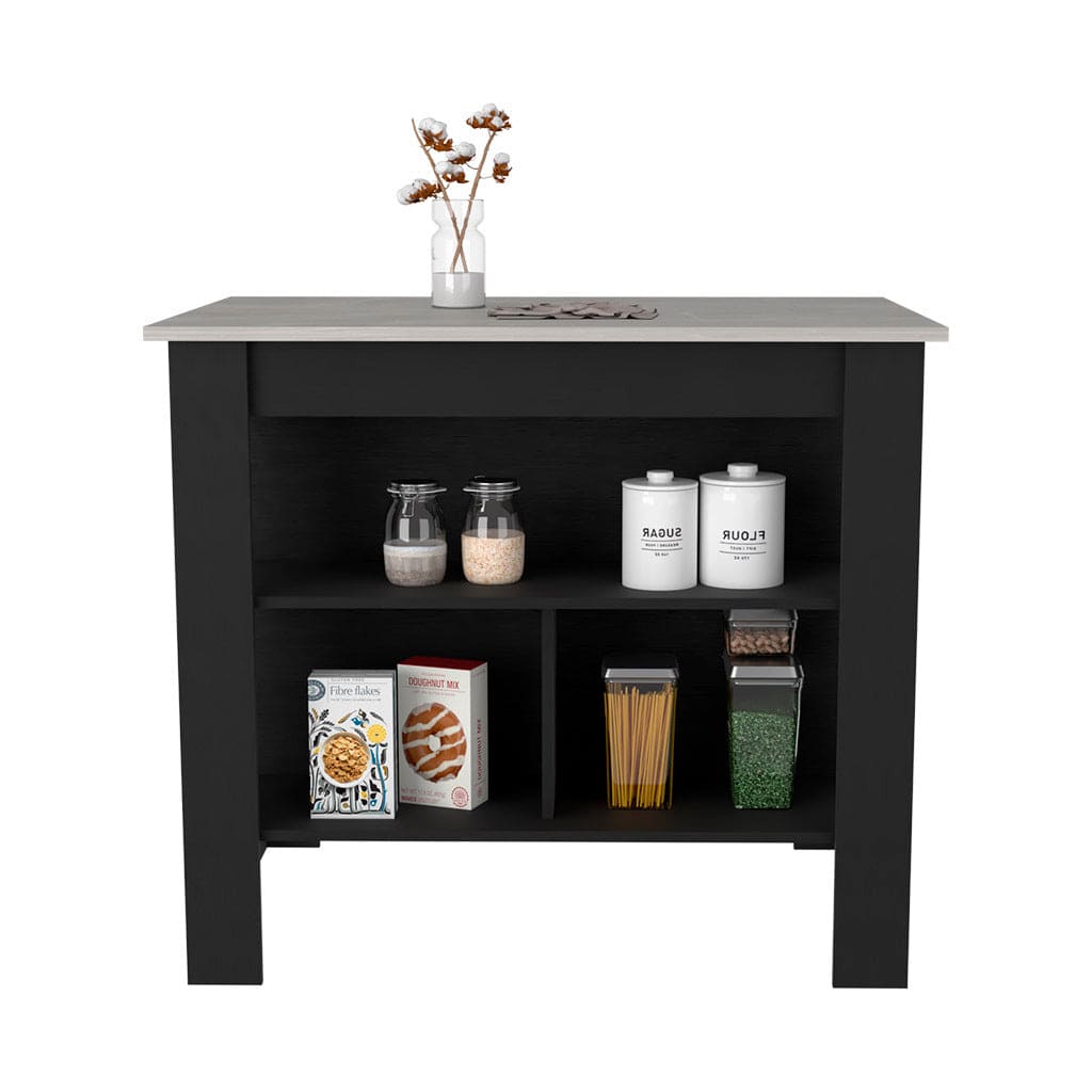 Kitchen Island Dozza, Three Shelves, Black Wengue / Ibiza Marble Finish