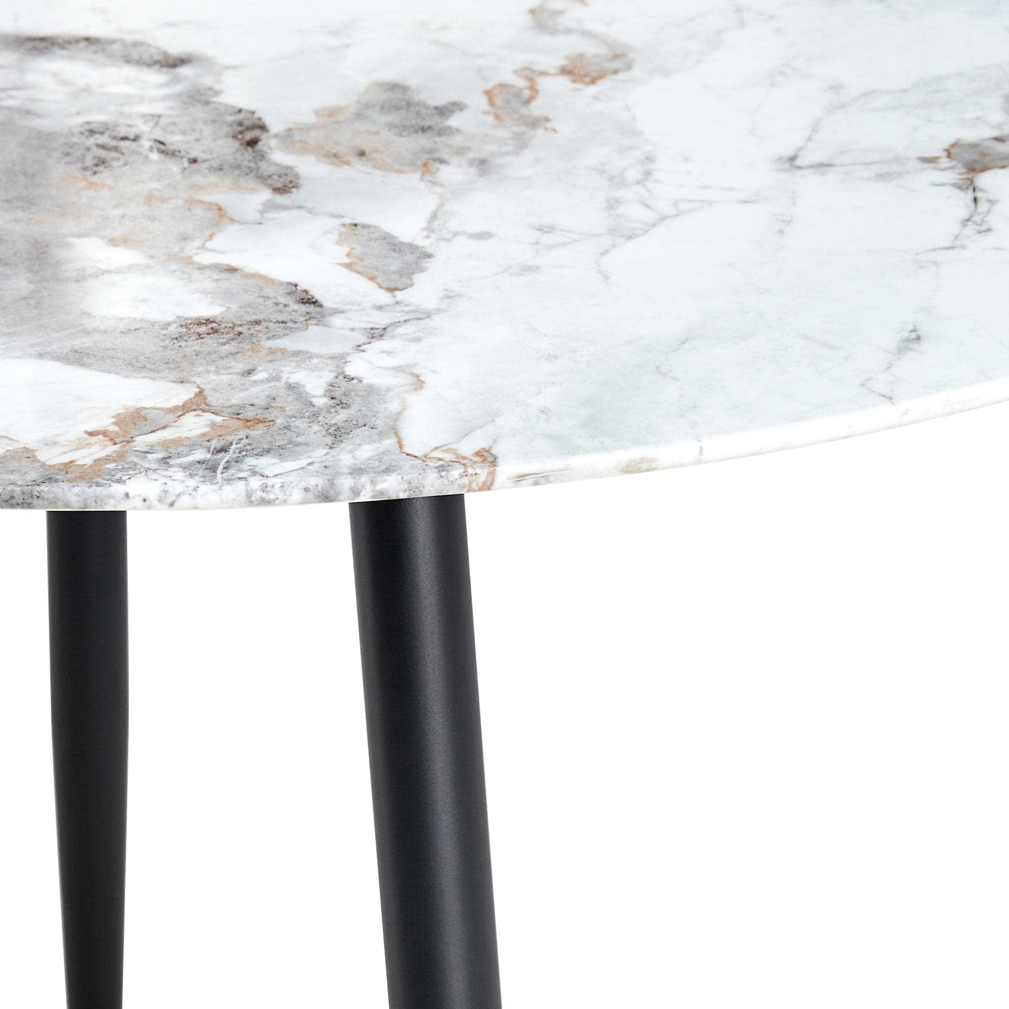 A modern minimalist circular dining table with a diameter of 40 inches, a 0.3 inch thick white imitation marble pattern tabletop and black metal legs  40 '* 40' * 30 'DT-1164