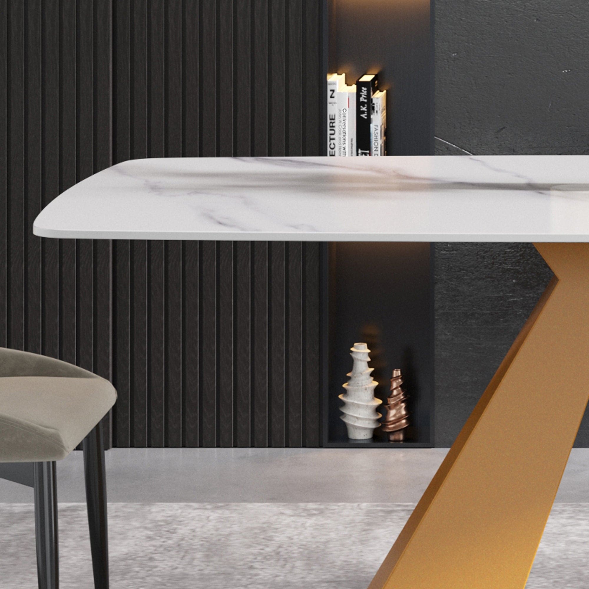 70.87"Modern artificial stone white curved golden metal leg dining table-can accommodate 6-8 people