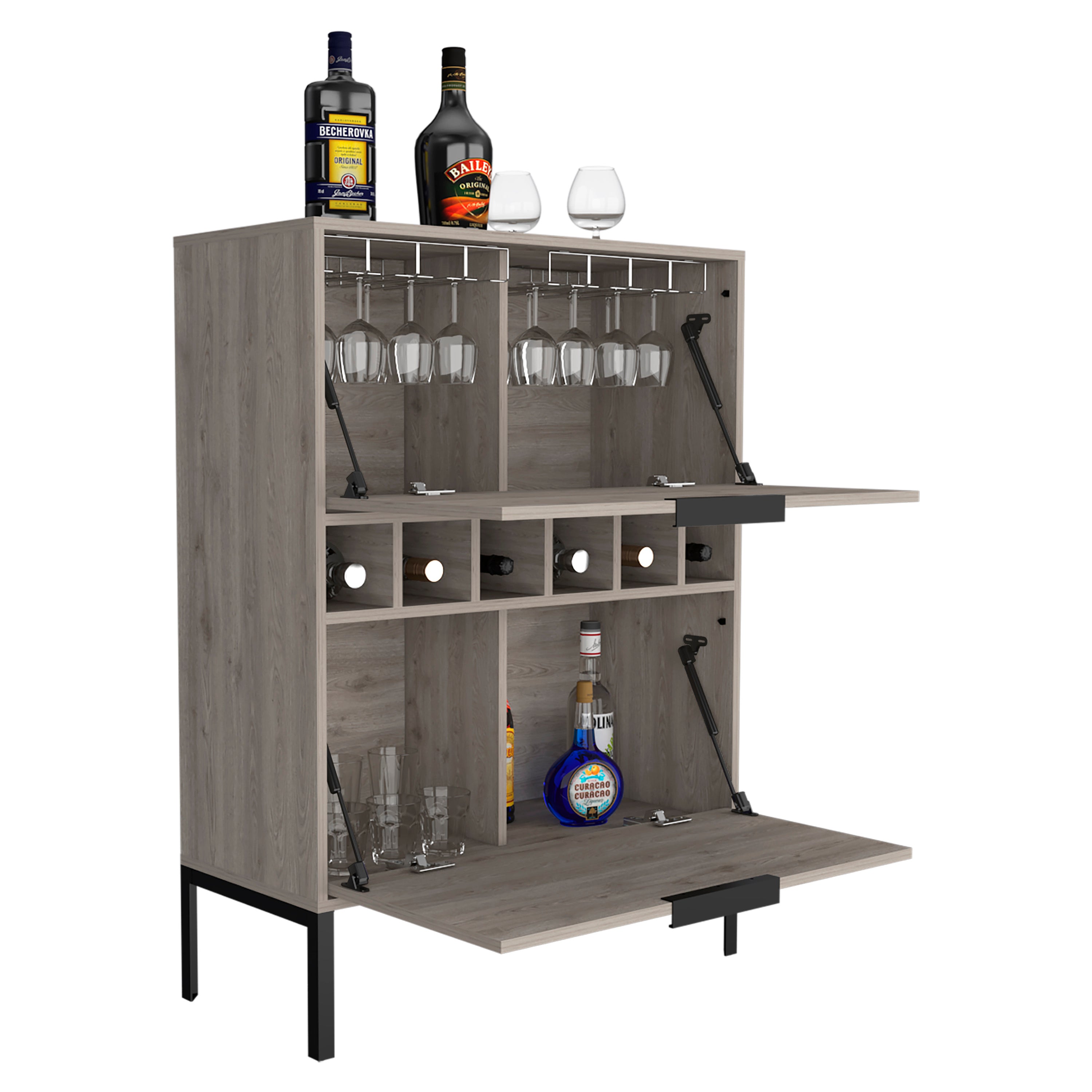 Bar Cabinet Puertu, Six Wine Cubbies, Double Door Cabinet, Light Gray Finish